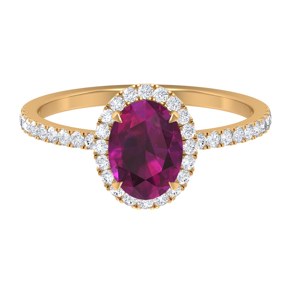 2 CT Oval Rhodolite Engagement Ring with Diamond Halo Rhodolite - ( AAA ) - Quality - Rosec Jewels