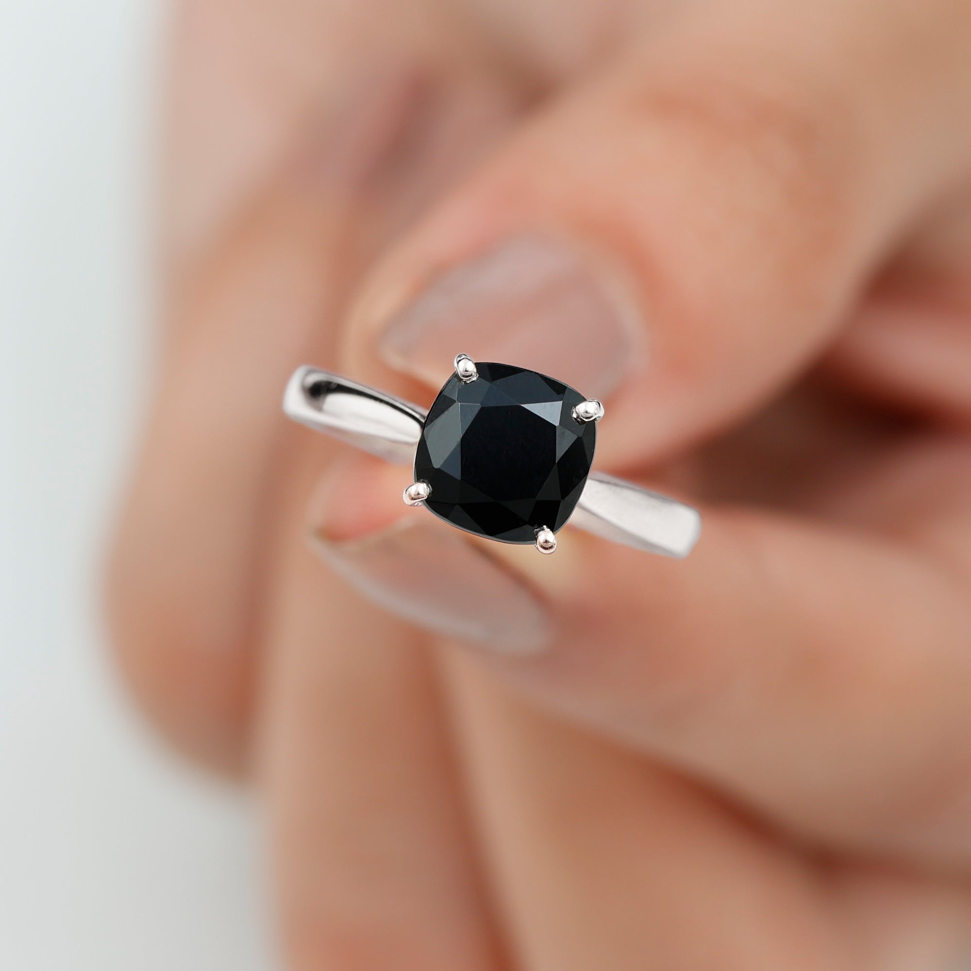 8 MM Cushion Cut Black Spinel Ring with Surprise Diamond Black Spinel - ( AAA ) - Quality - Rosec Jewels