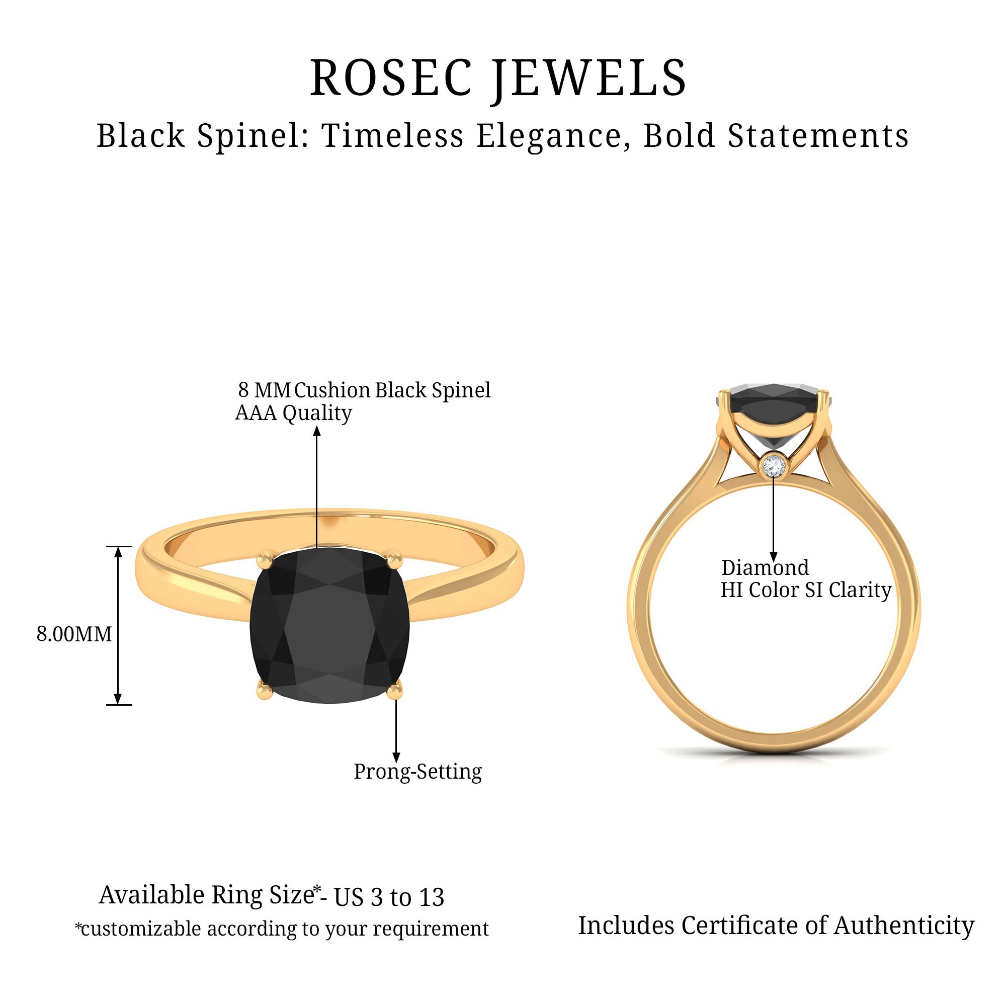 Cushion Cut Black Spinel Solitaire Ring with Surprise Diamond Black Spinel - ( AAA ) - Quality - Rosec Jewels