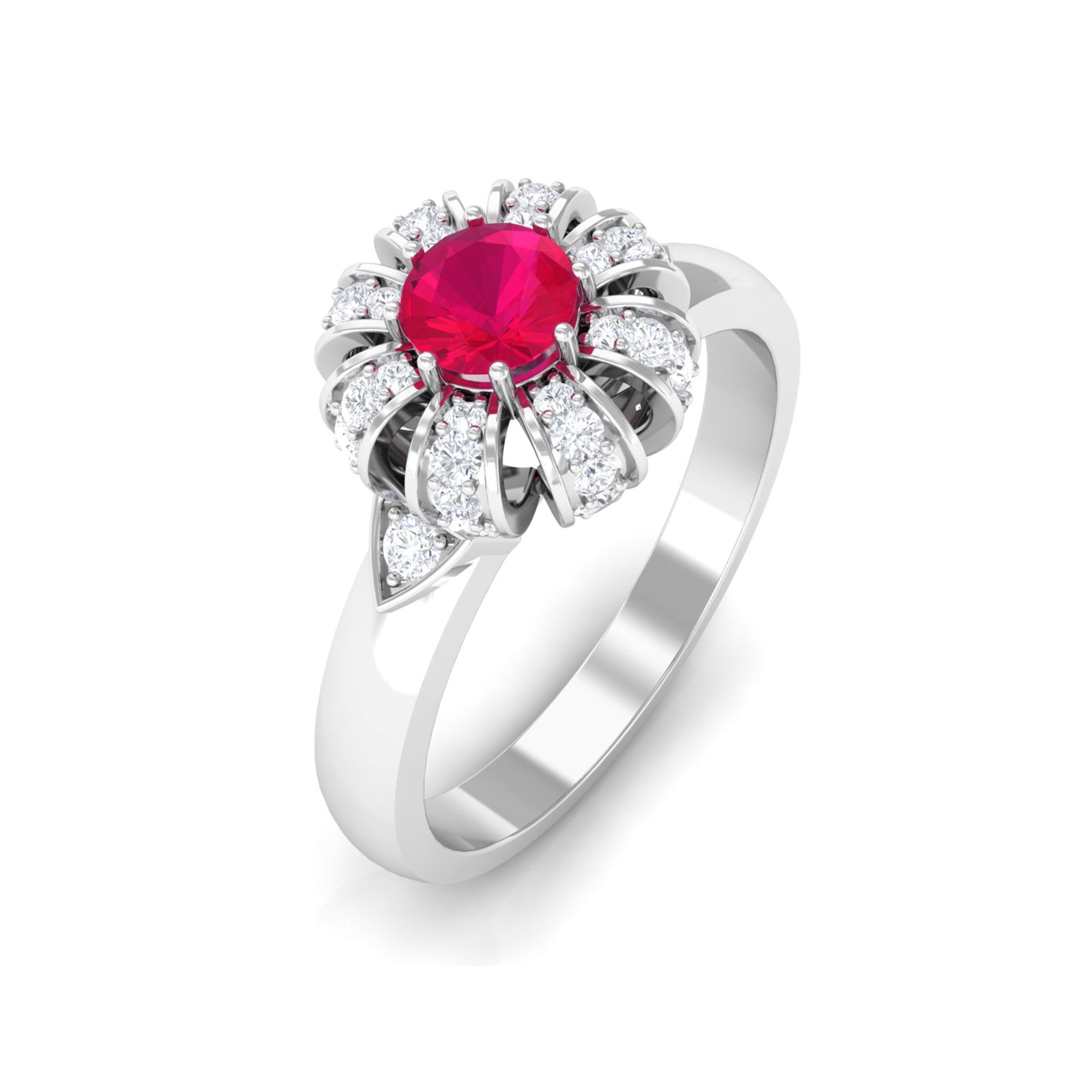 3/4 CT Solitaire Ruby Flower Ring with Diamond Accent Ruby - ( AAA ) - Quality - Rosec Jewels