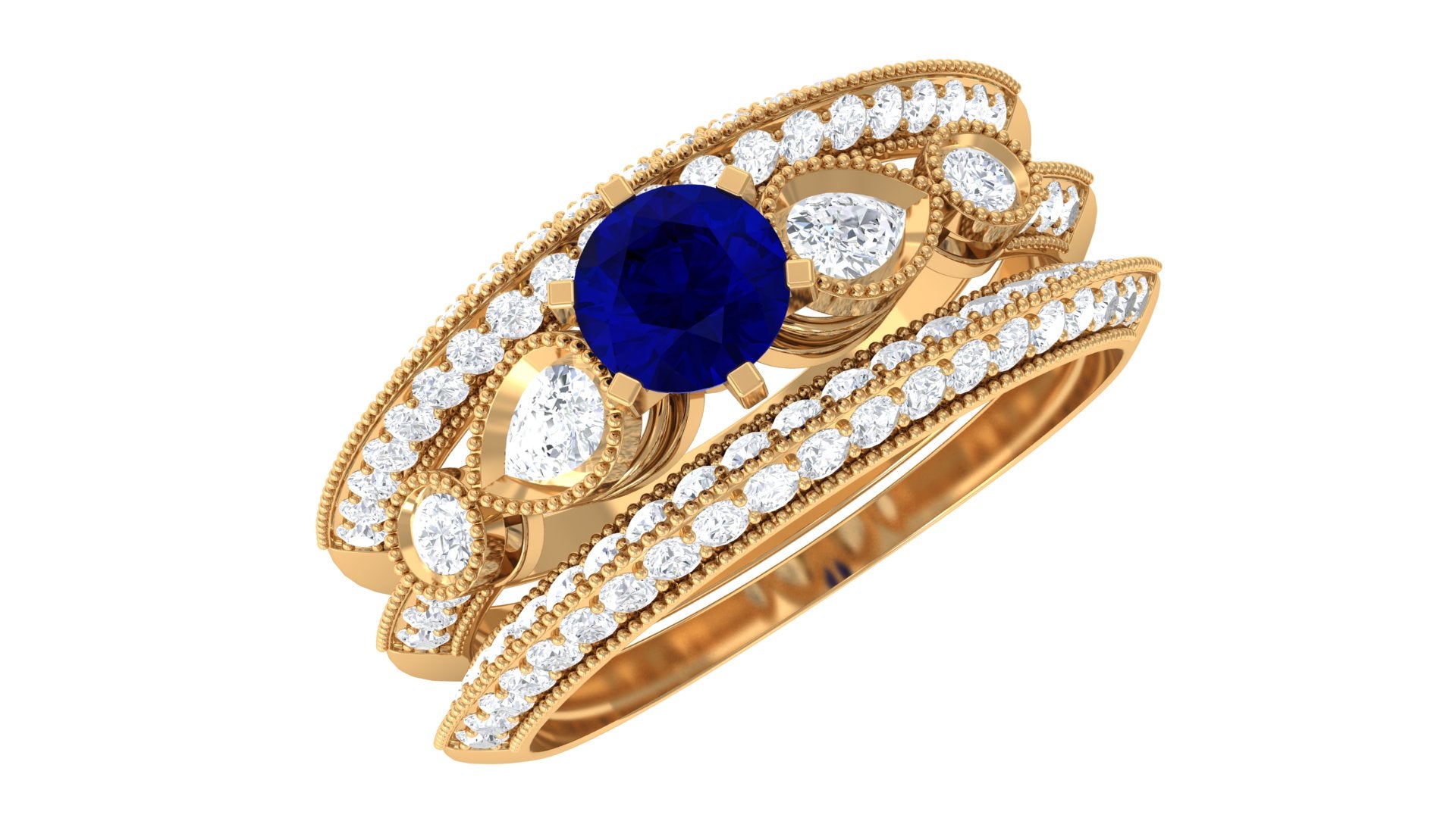 Real Blue Sapphire and Diamond Bridal Ring Set with Beaded Details Blue Sapphire - ( AAA ) - Quality - Rosec Jewels