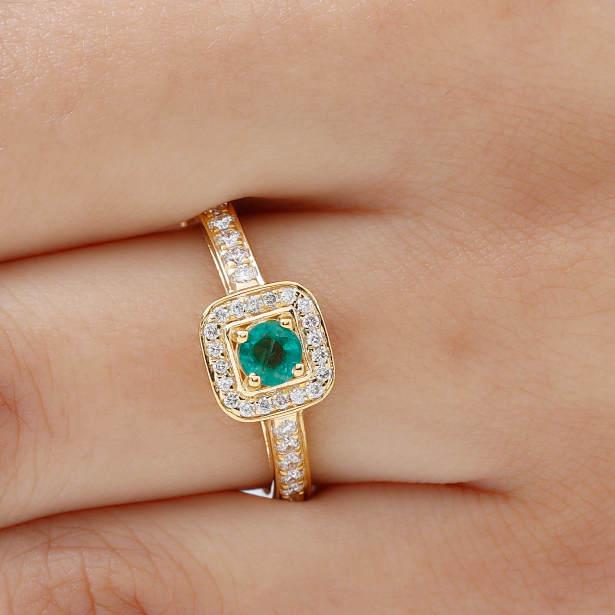 Vintage Inspired Emerald Engagement Ring with Diamond Halo Emerald - ( AAA ) - Quality - Rosec Jewels