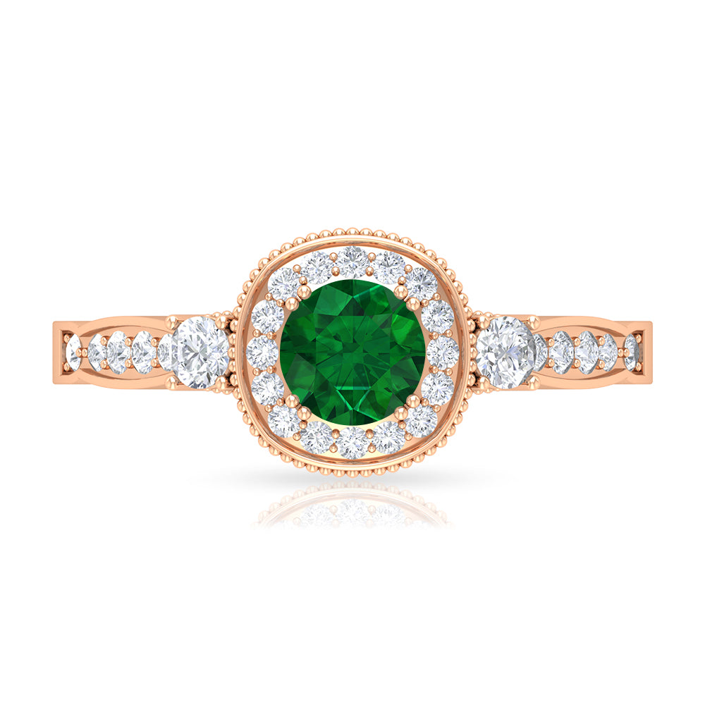 Emerald and Diamond Vintage Engagement Ring Emerald - ( AAA ) - Quality - Rosec Jewels