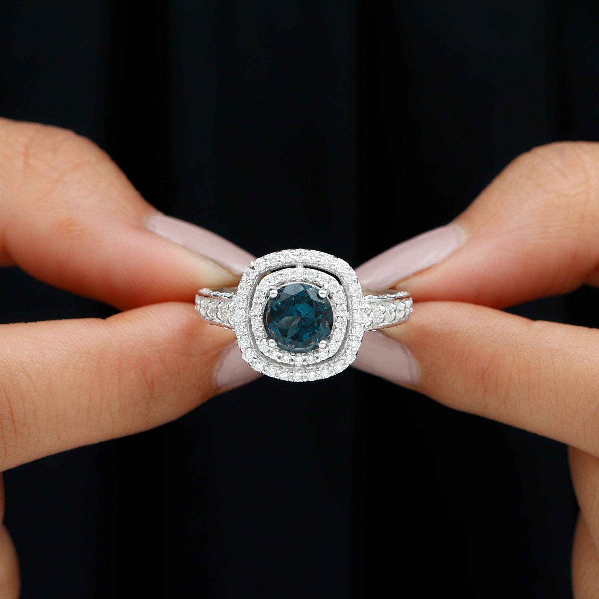 London Blue Topaz Engagement Ring with Moissanite Double Halo London Blue Topaz - ( AAA ) - Quality - Rosec Jewels