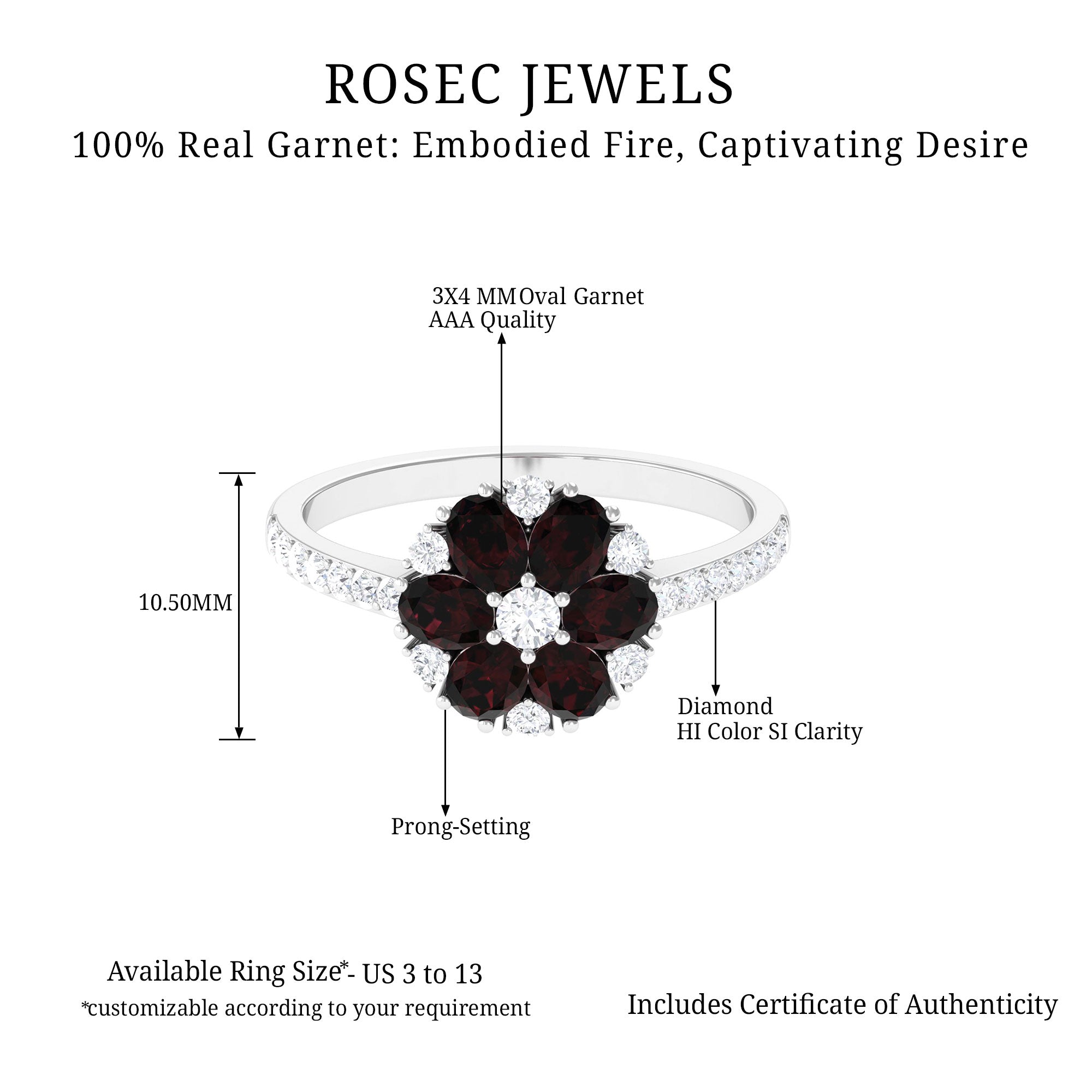 1.5 CT Garnet and Diamond Flower Cluster Engagement Ring Garnet - ( AAA ) - Quality - Rosec Jewels