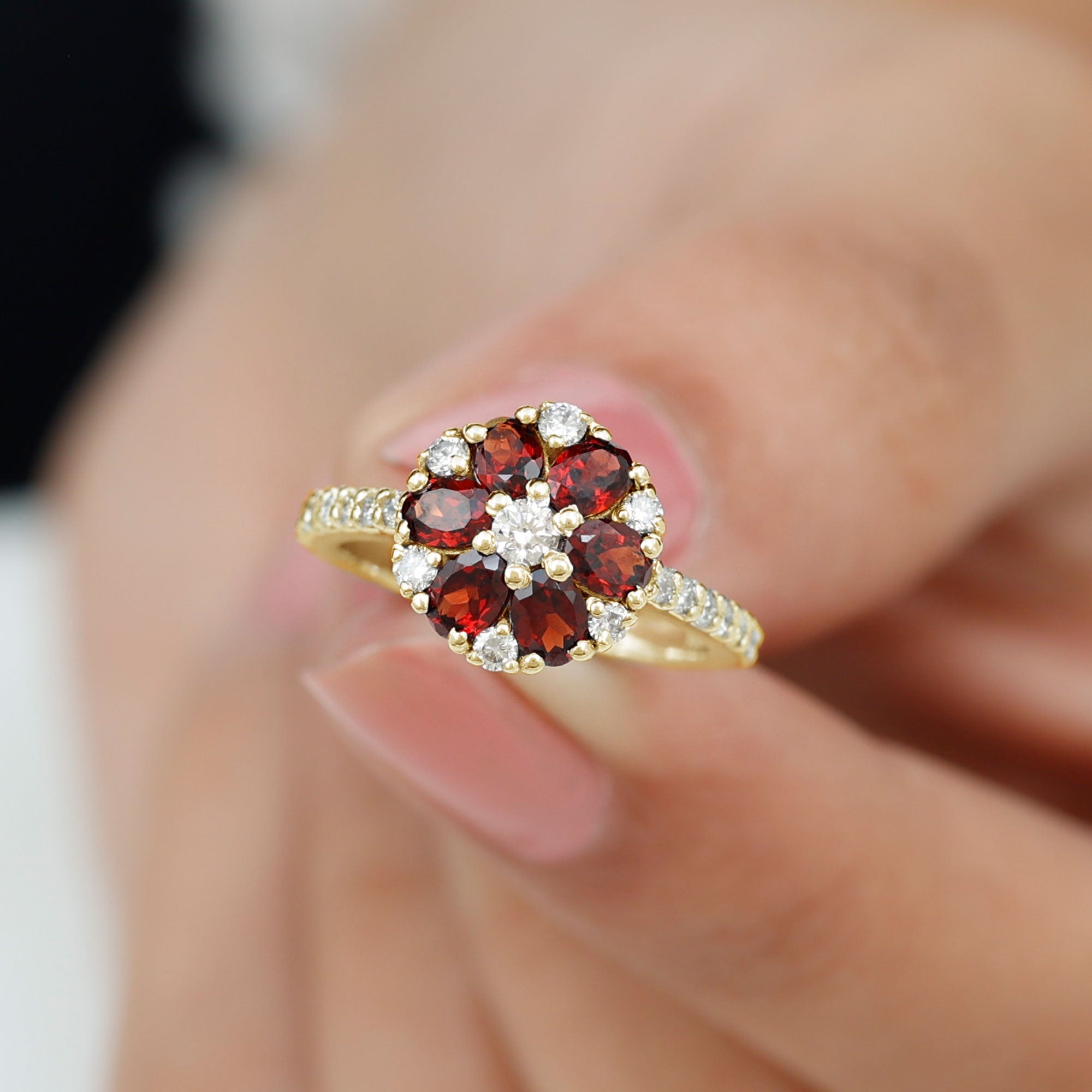 1.5 CT Garnet and Diamond Flower Cluster Engagement Ring Garnet - ( AAA ) - Quality - Rosec Jewels