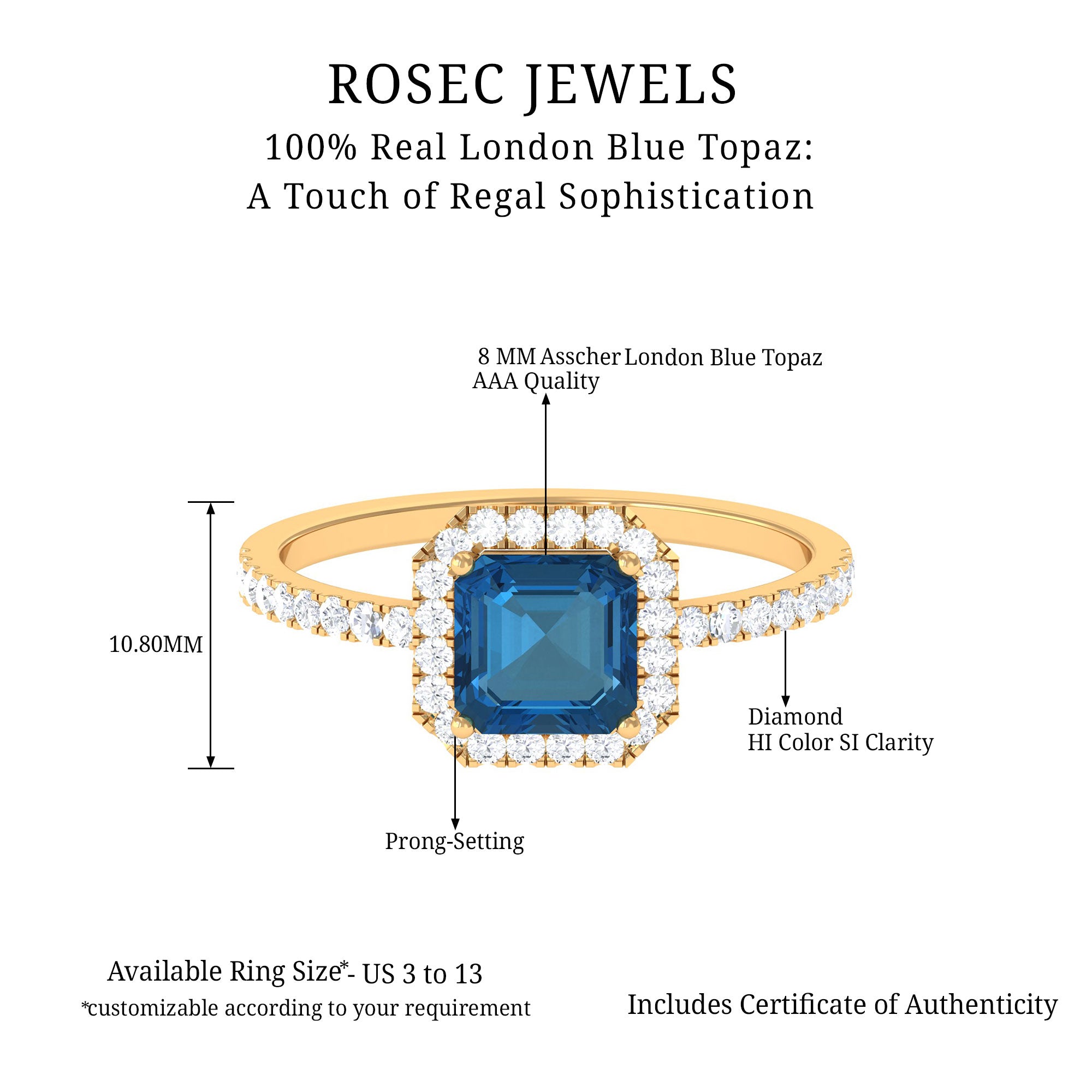 Asscher Cut London Blue Topaz Halo Engagement Ring with Diamond London Blue Topaz - ( AAA ) - Quality - Rosec Jewels