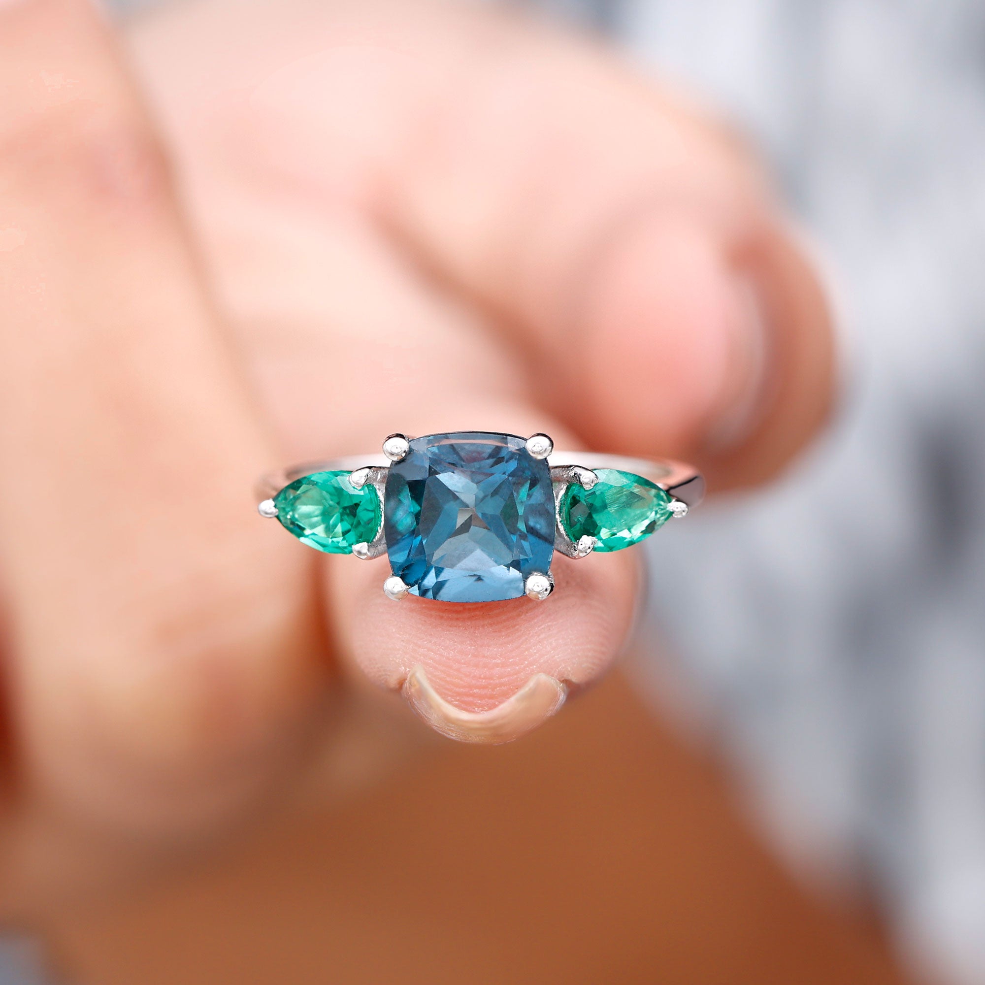 London Blue Topaz and Lab Grown Emerald 3 Stone Ring London Blue Topaz - ( AAA ) - Quality - Rosec Jewels
