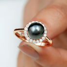 Natural Tahitian Pearl Solitaire with Diamond Halo Ring Tahitian pearl - ( AAA ) - Quality - Rosec Jewels