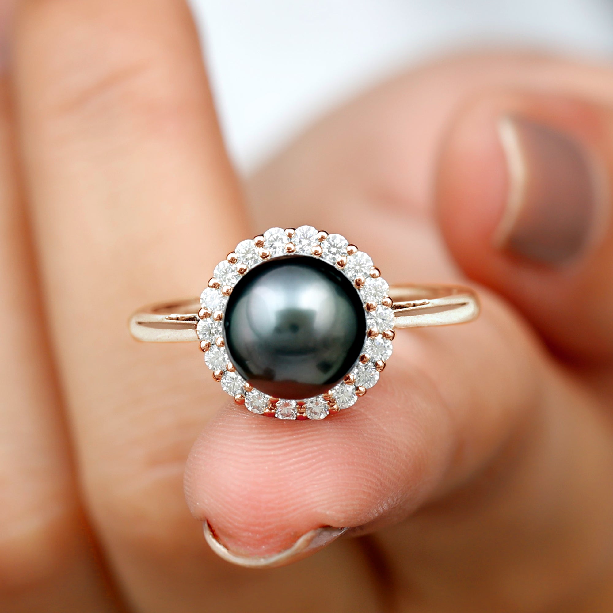 Natural Tahitian Pearl Solitaire with Diamond Halo Ring Tahitian pearl - ( AAA ) - Quality - Rosec Jewels