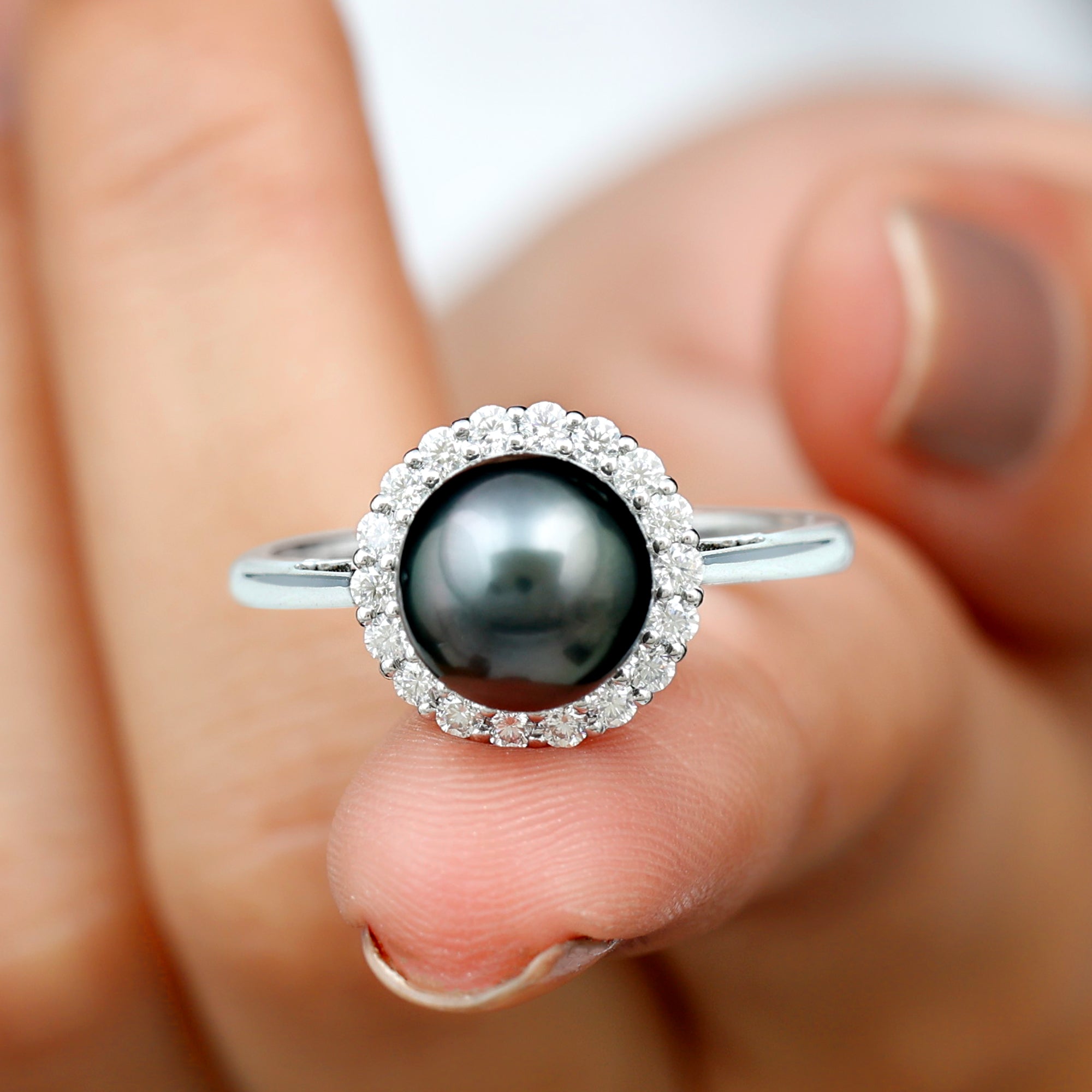 Natural Tahitian Pearl Solitaire with Diamond Halo Ring Tahitian pearl - ( AAA ) - Quality - Rosec Jewels