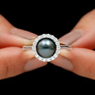 Natural Tahitian Pearl Solitaire with Diamond Halo Ring Tahitian pearl - ( AAA ) - Quality - Rosec Jewels