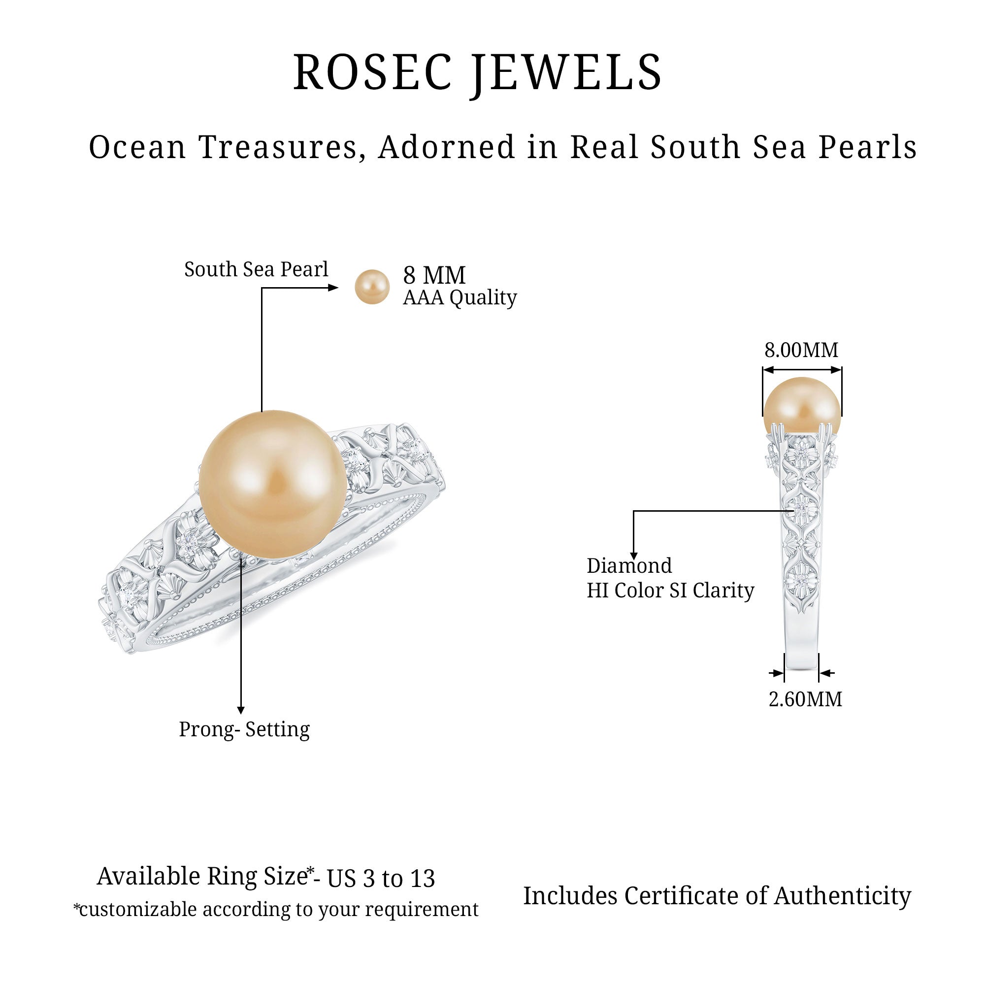 Solitaire South Sea Pearl Flower Engagement Ring with Diamond South Sea Pearl - ( AAA ) - Quality - Rosec Jewels