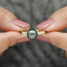 Round Tahitian Pearl Solitaire Ring with Diamond Side Stones Tahitian pearl - ( AAA ) - Quality - Rosec Jewels