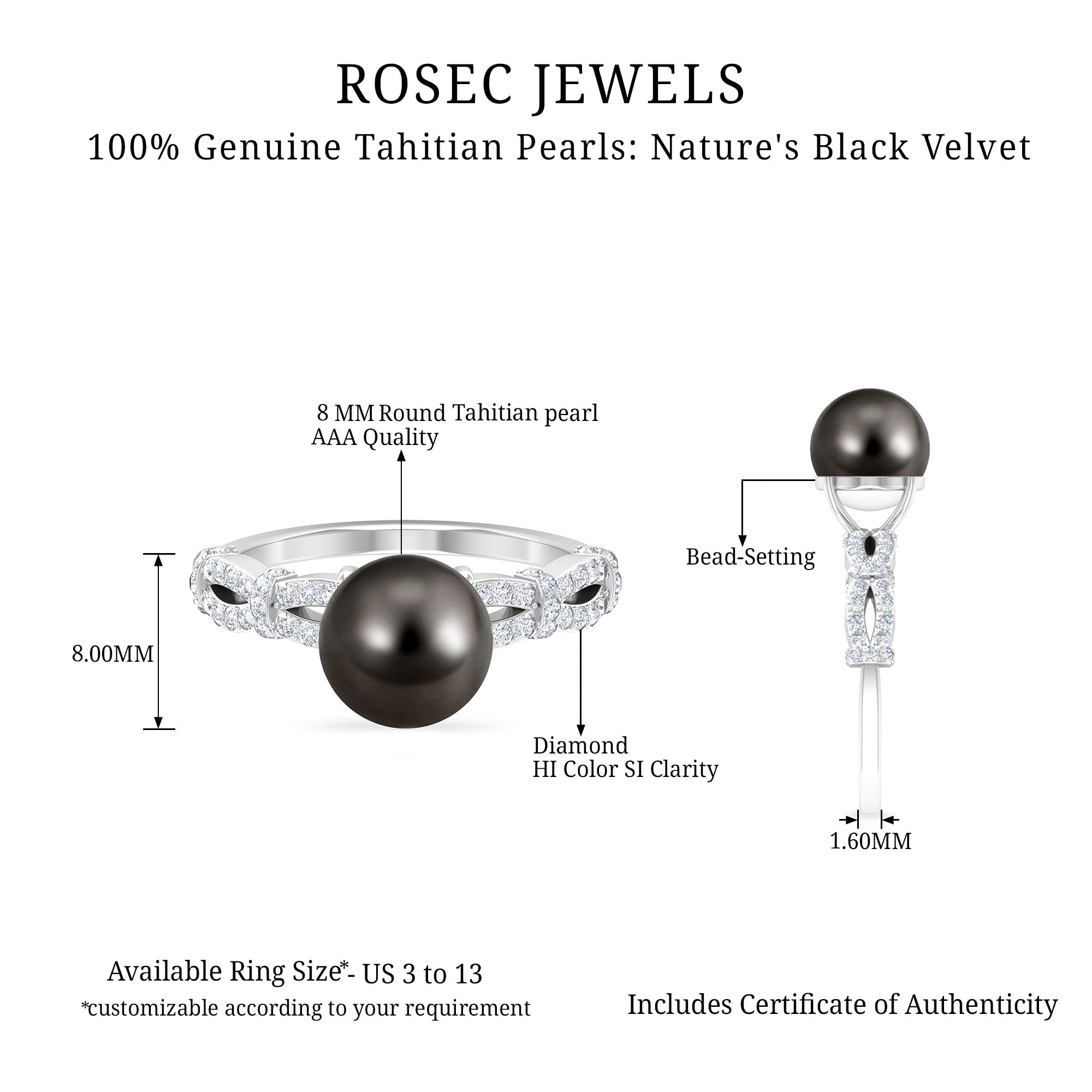 Tahitian Pearl Engagement Criss Cross Ring with Diamond Accent Tahitian pearl - ( AAA ) - Quality - Rosec Jewels