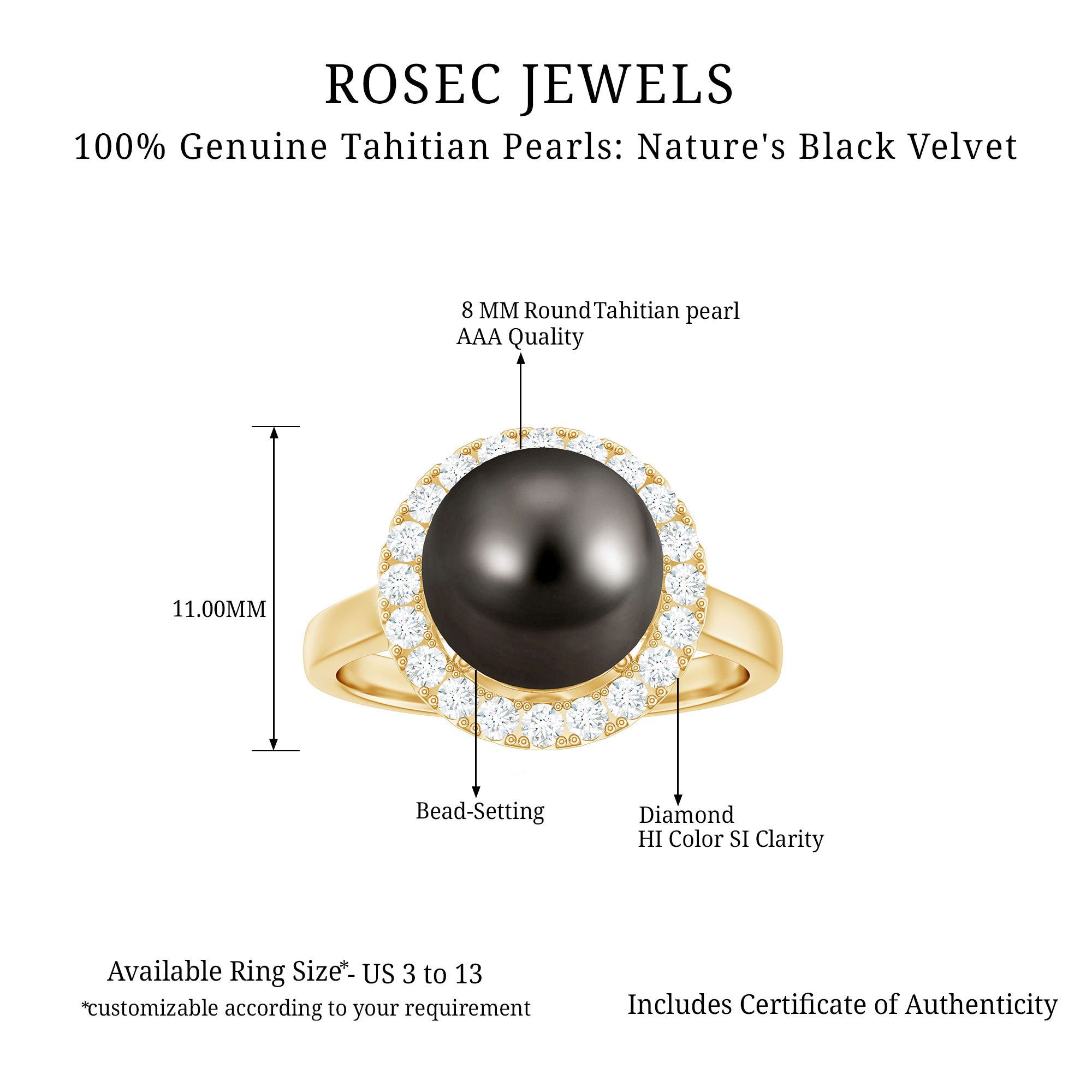 Round Tahitian Pearl and Diamond Halo Engagement Ring Tahitian pearl - ( AAA ) - Quality - Rosec Jewels