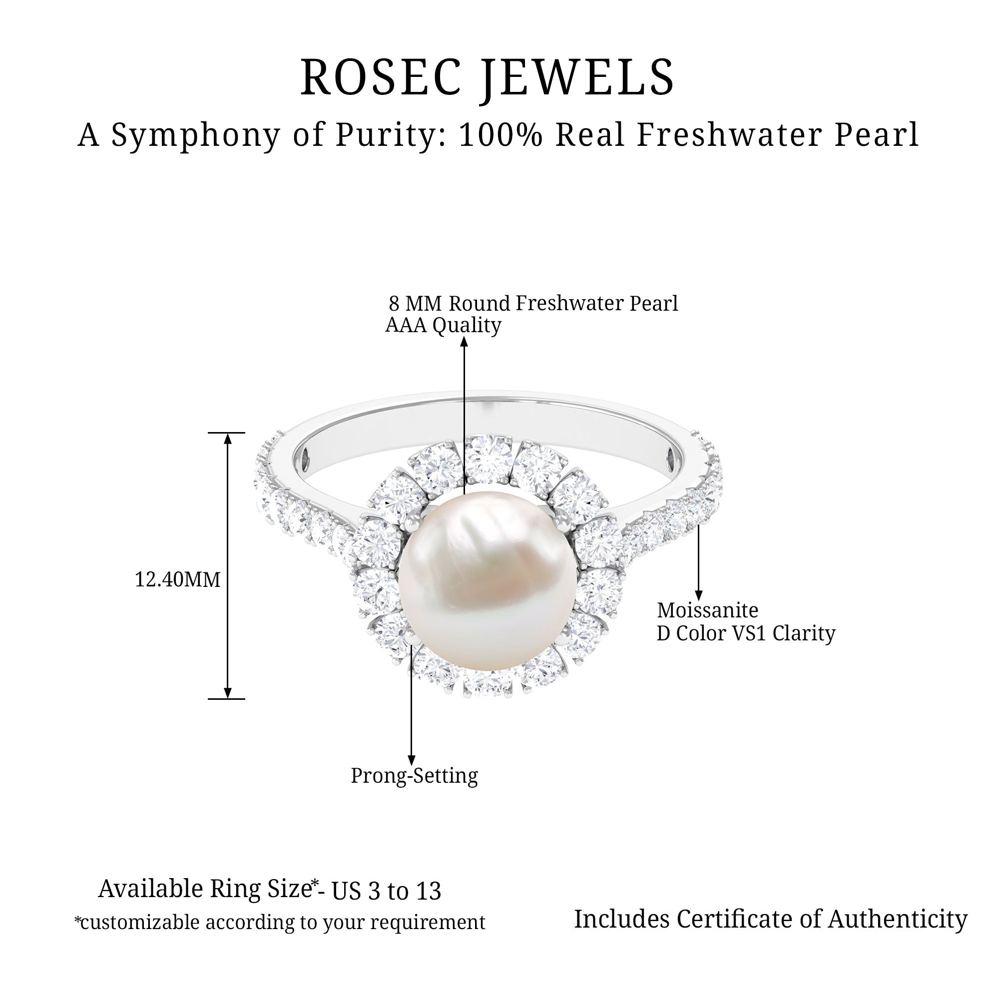 Freshwater Pearl and Moissanite Halo Engagement Ring Freshwater Pearl - ( AAA ) - Quality - Rosec Jewels