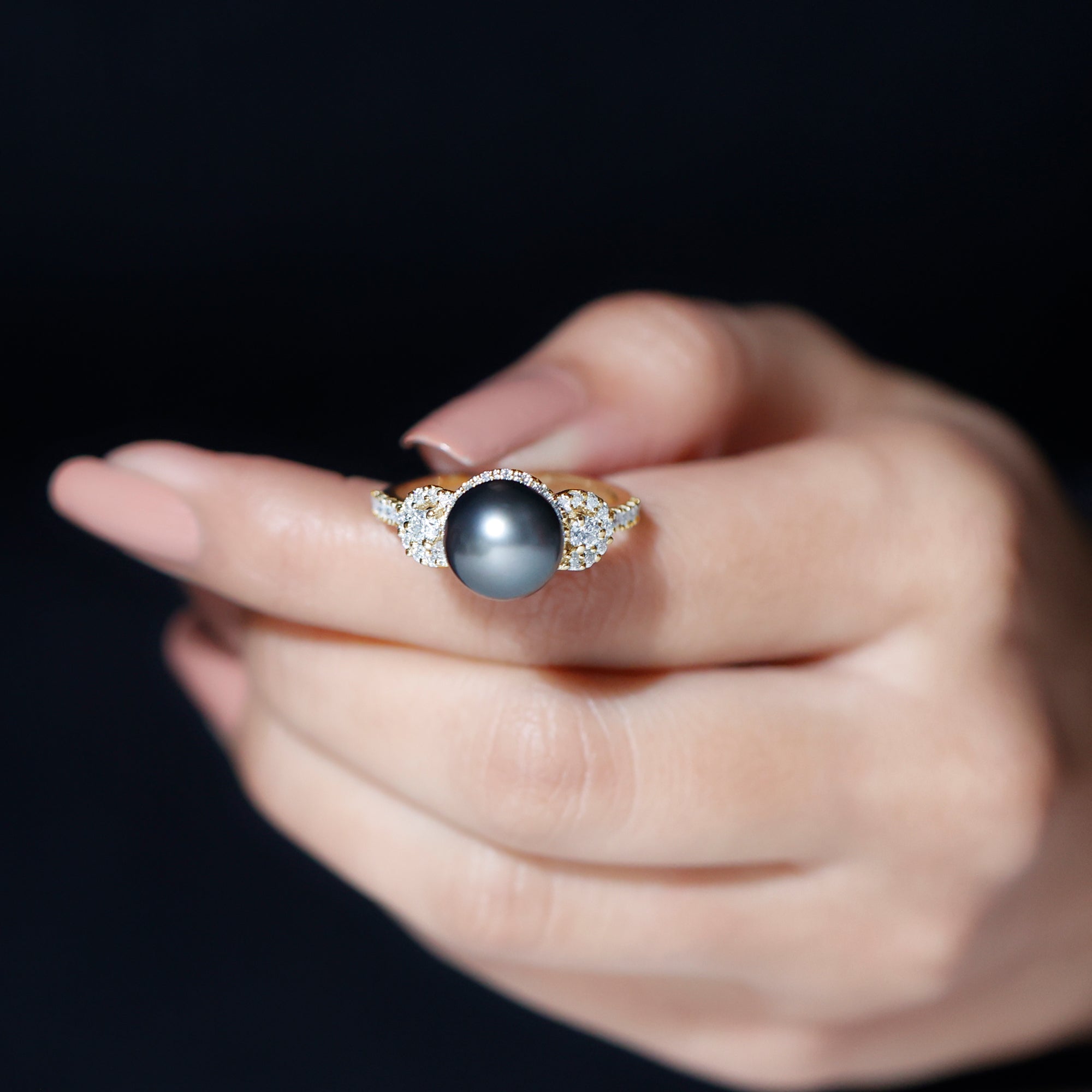 Tahitian Pearl Engagement Ring with Moissanite Accents Tahitian pearl - ( AAA ) - Quality - Rosec Jewels