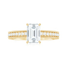 Emerald Cut Moissanite Solitaire Engagement Ring with Gold Beaded Moissanite - ( D-VS1 ) - Color and Clarity - Rosec Jewels