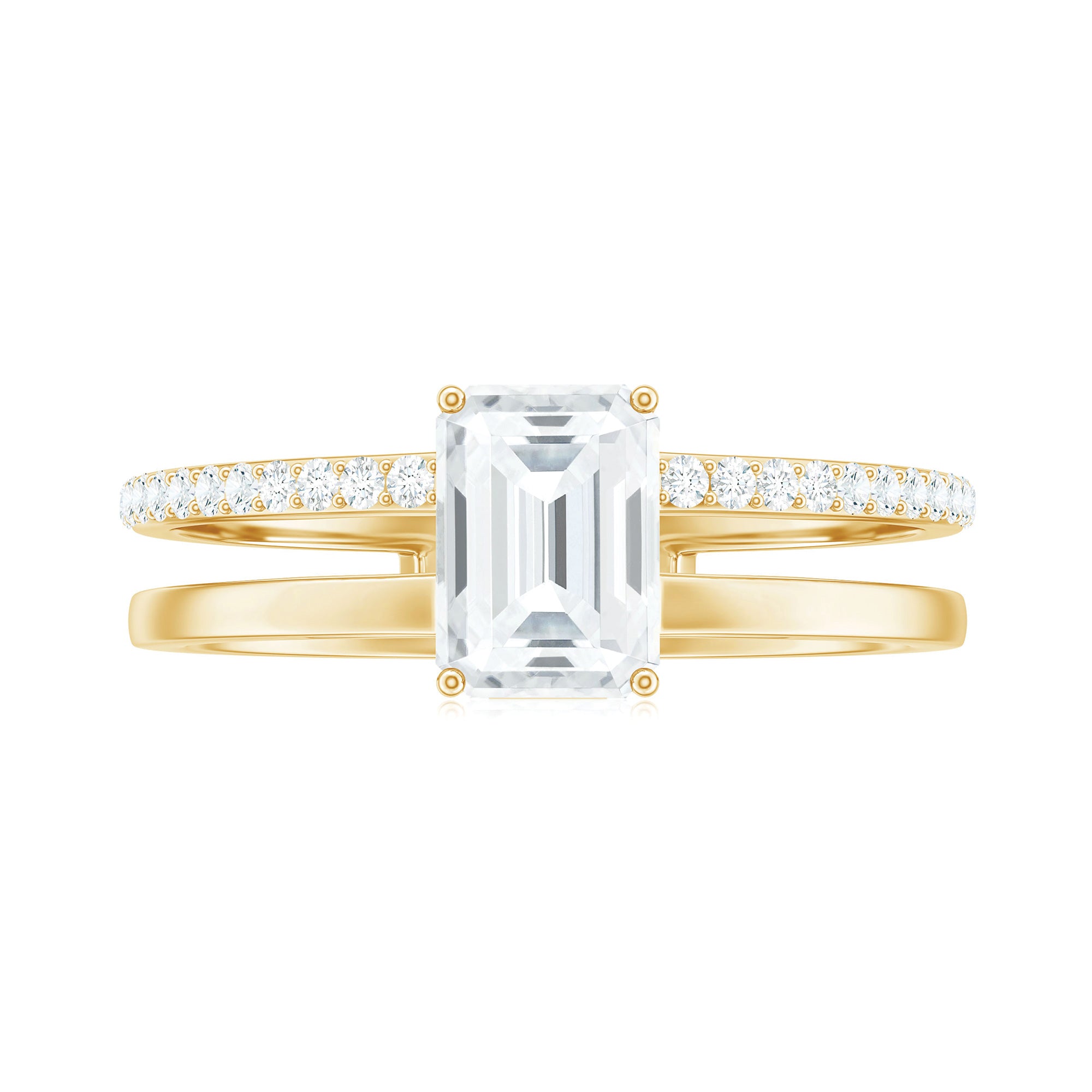 Emerald Cut Solitaire Moissanite Double Band Engagement Ring Moissanite - ( D-VS1 ) - Color and Clarity - Rosec Jewels