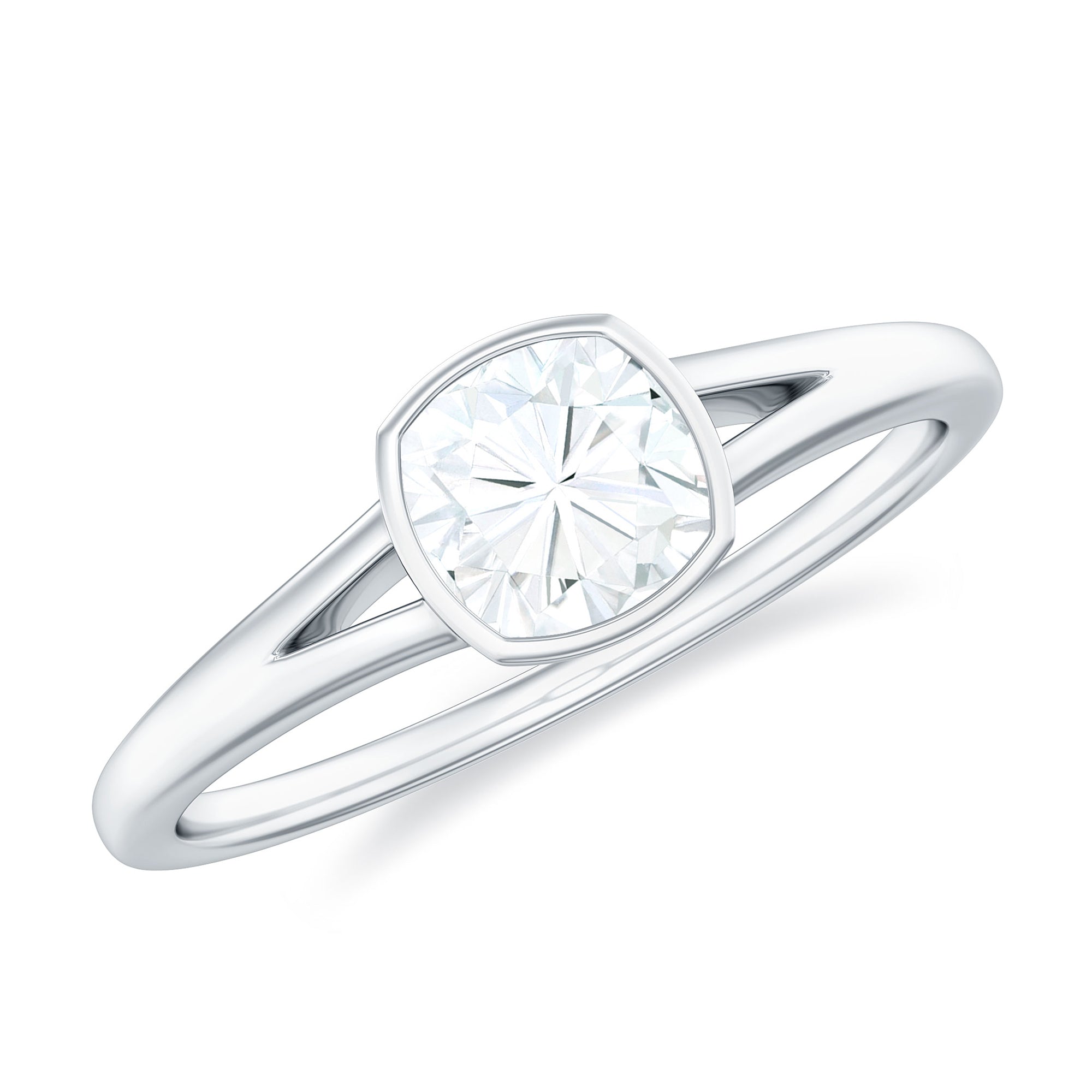 Bezel Set Cushion Cut Moissanite Solitaire Promise Ring in Spilt Shank Moissanite - ( D-VS1 ) - Color and Clarity - Rosec Jewels