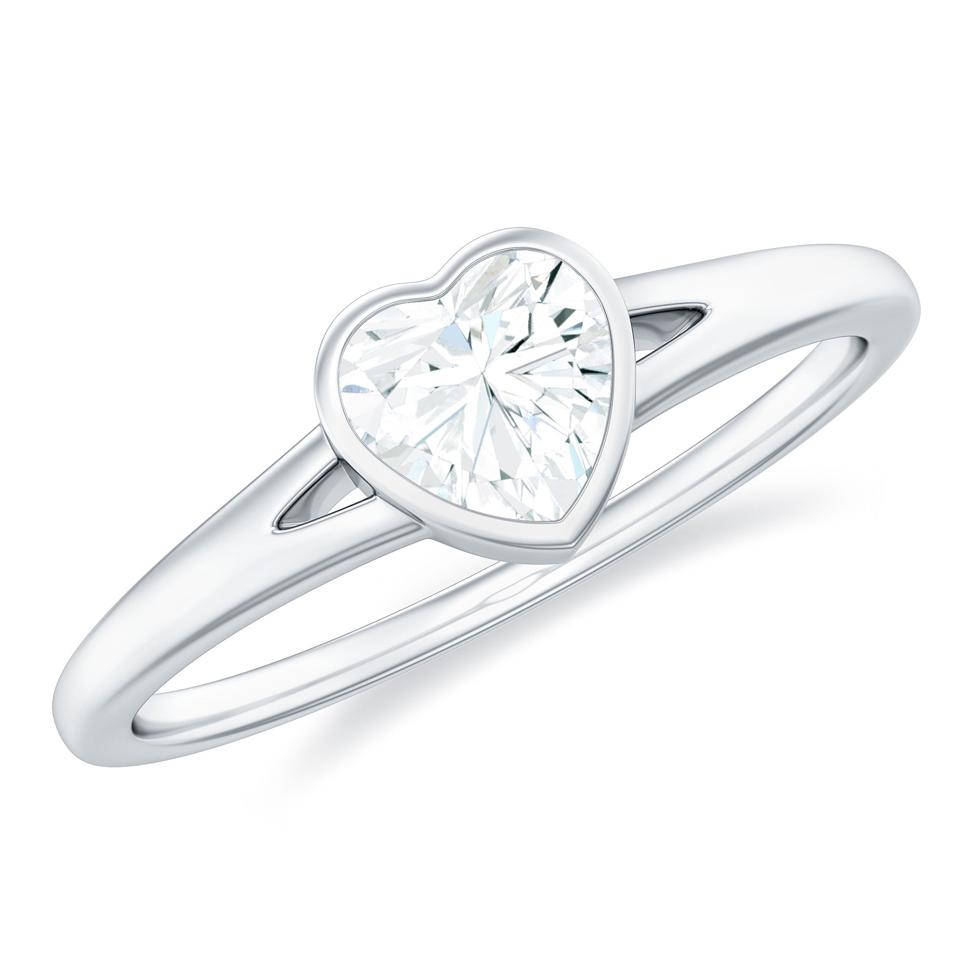 Bezel Set Heart Shape Moissanite Solitaire Promise Ring in Spilt Shank Moissanite - ( D-VS1 ) - Color and Clarity - Rosec Jewels