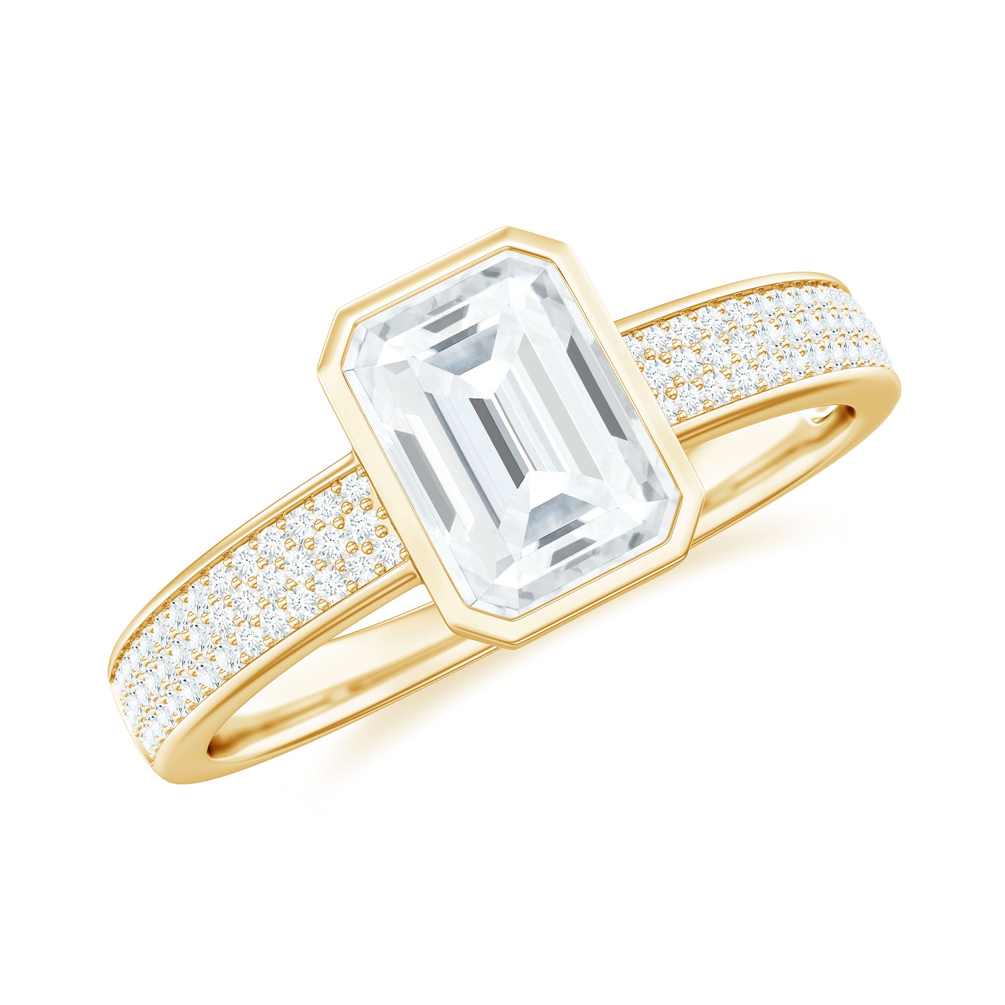 Emerald Cut Moissanite Solitaire Engagement Ring in Bezel Setting Moissanite - ( D-VS1 ) - Color and Clarity - Rosec Jewels