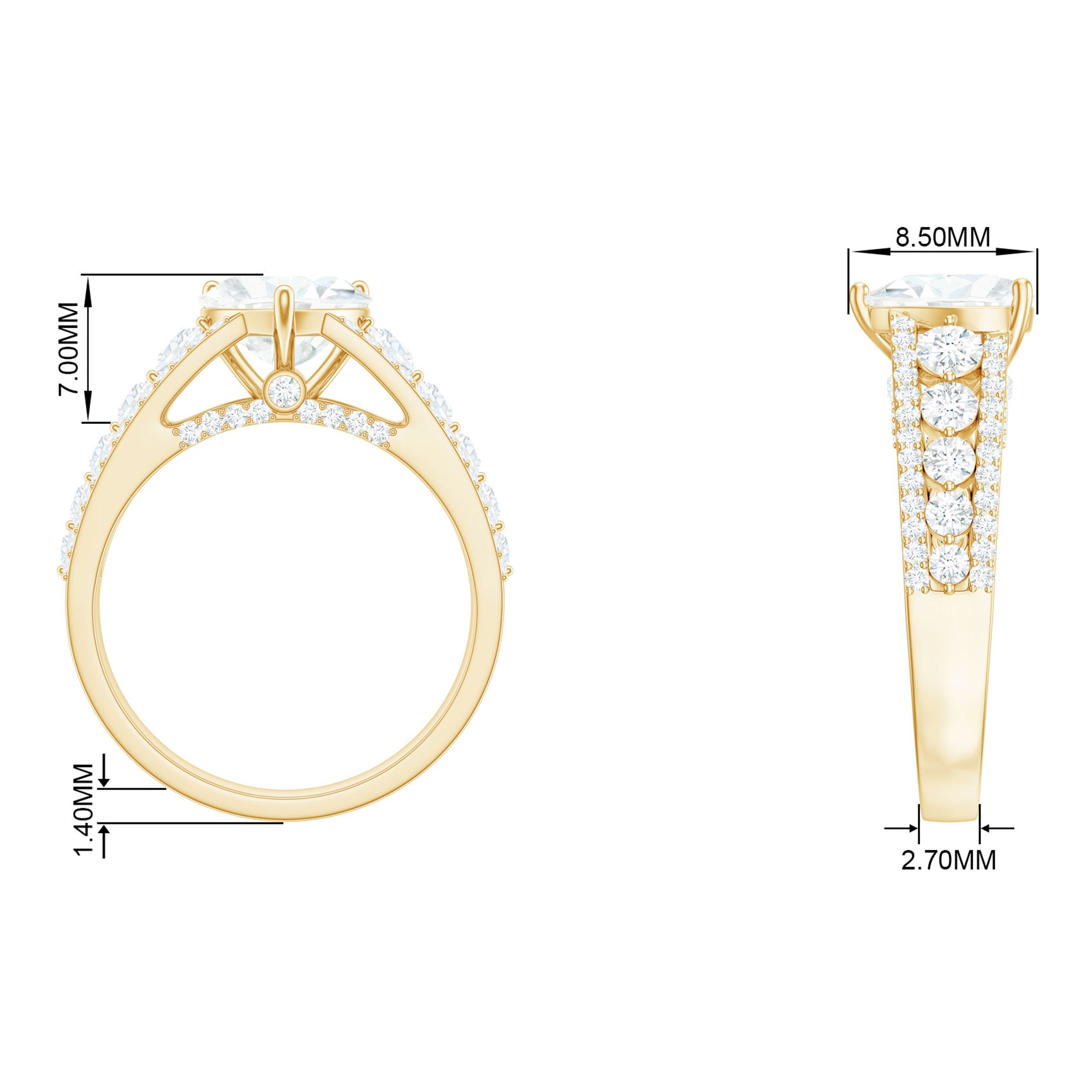 Heart Shape Moissanite Gold Solitaire Engagement Ring with Side Stones Moissanite - ( D-VS1 ) - Color and Clarity - Rosec Jewels