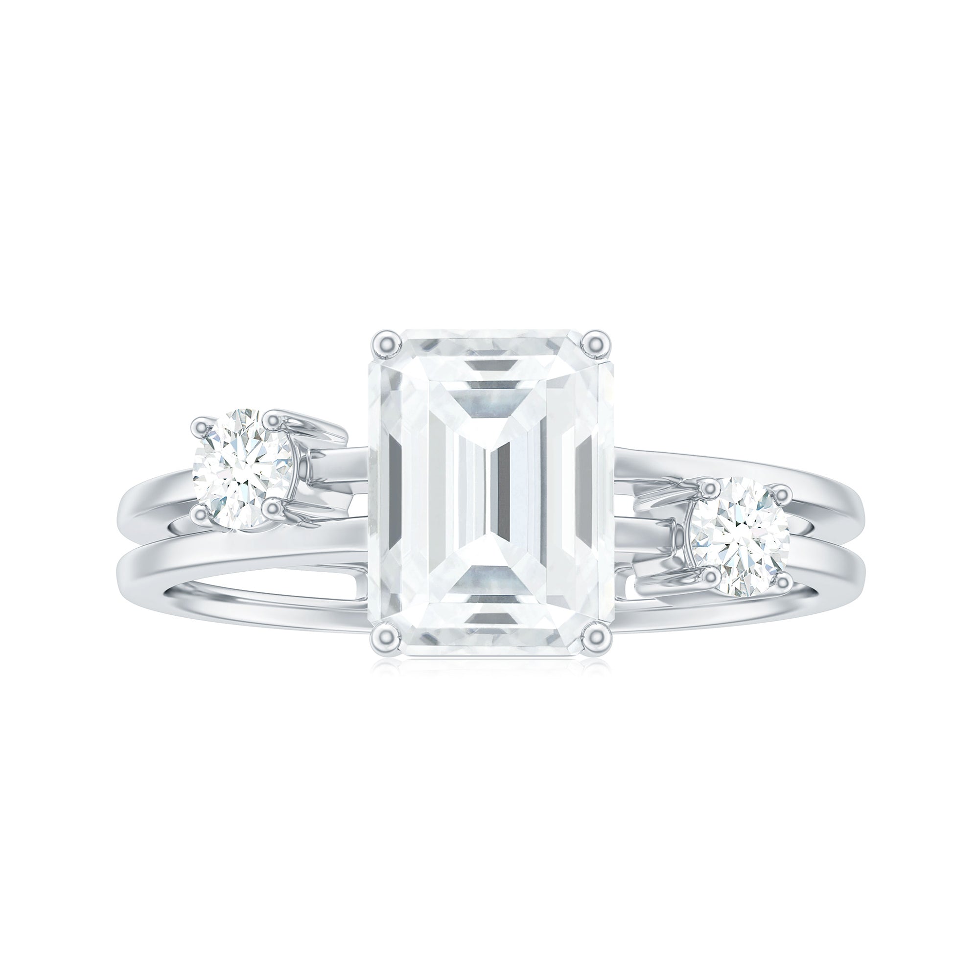 Emerald Cut Moissanite Double Band Promise Ring in Gold Moissanite - ( D-VS1 ) - Color and Clarity - Rosec Jewels