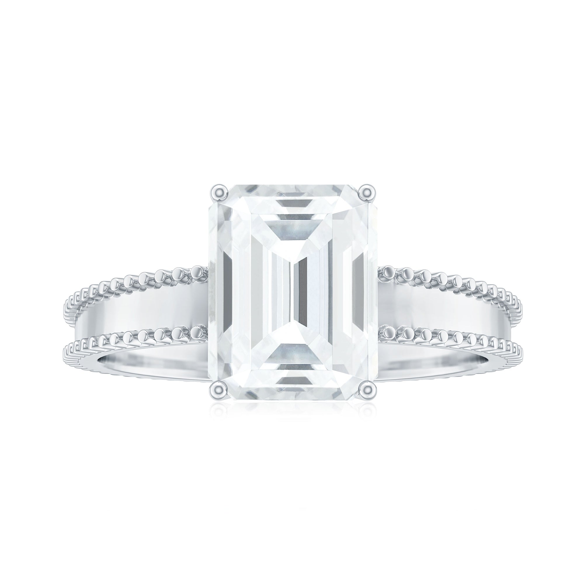 Emerald Cut Moissanite Beaded Solitaire Ring Moissanite - ( D-VS1 ) - Color and Clarity - Rosec Jewels