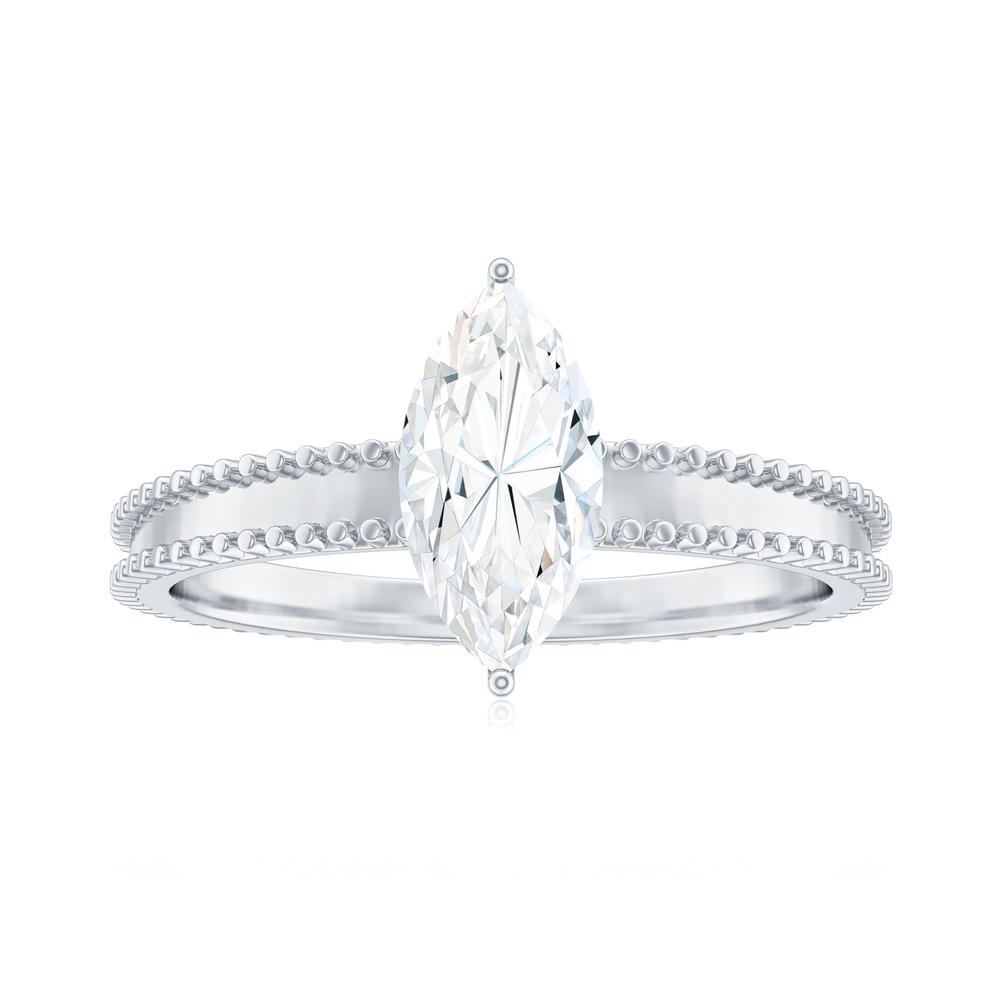 Marquise Cut Moissanite Solitaire Ring with Beaded Details Moissanite - ( D-VS1 ) - Color and Clarity - Rosec Jewels