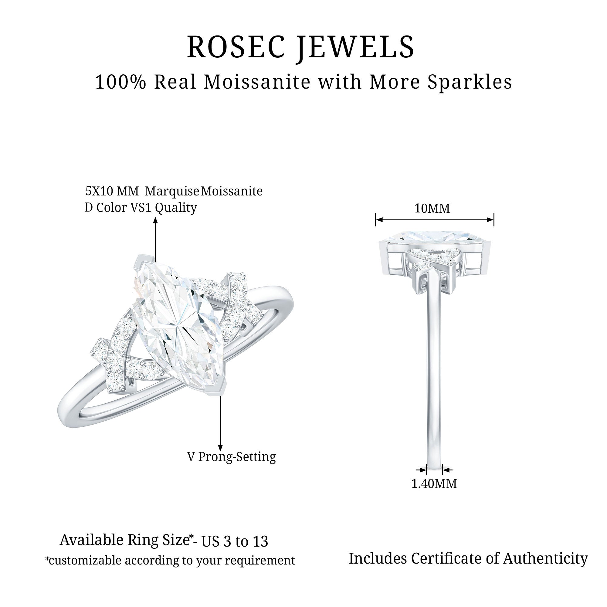 Rosec Jewels-Marquise Cut Moissanite Solitaire Ring in Spilt Shank