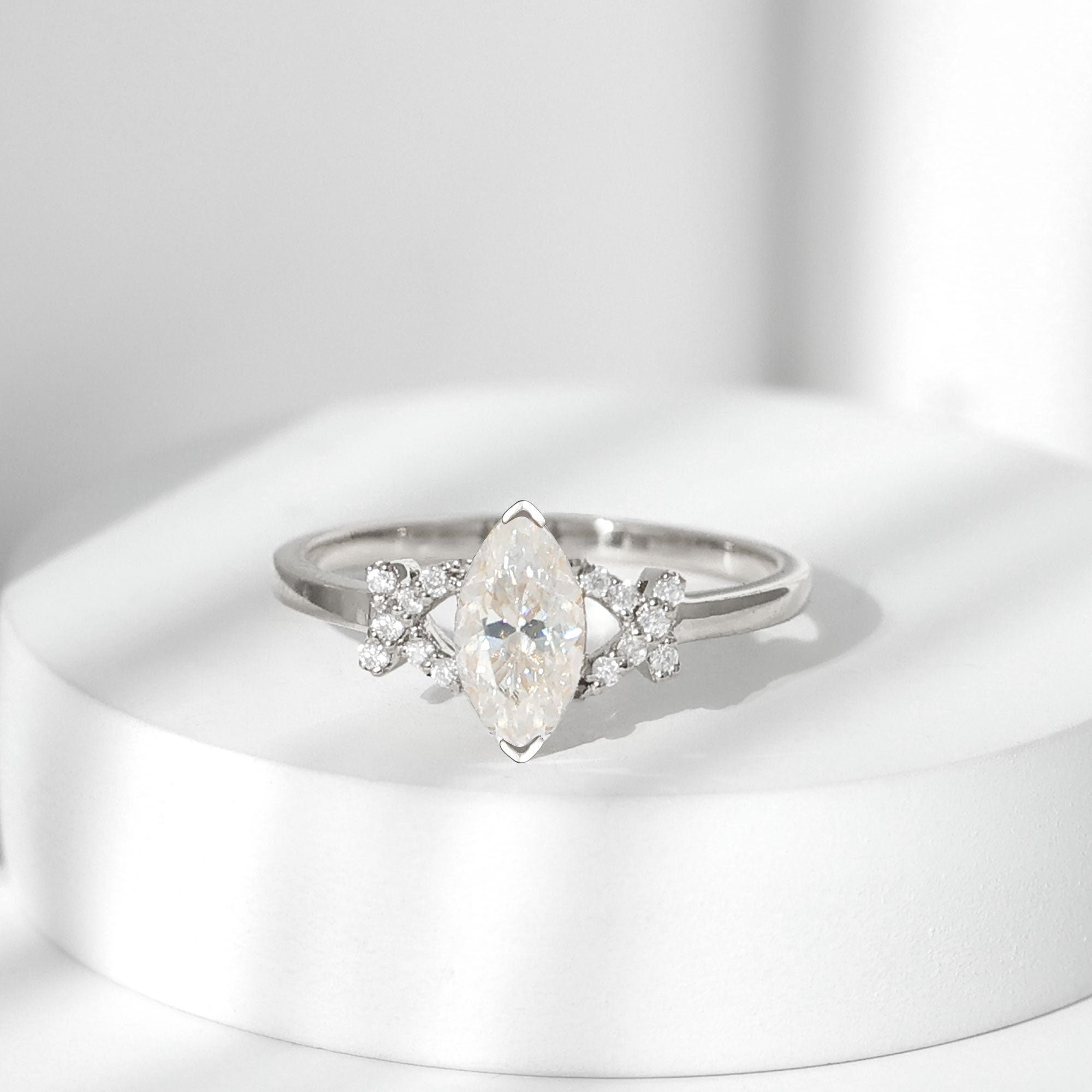 Rosec Jewels-Marquise Cut Moissanite Solitaire Ring in Spilt Shank