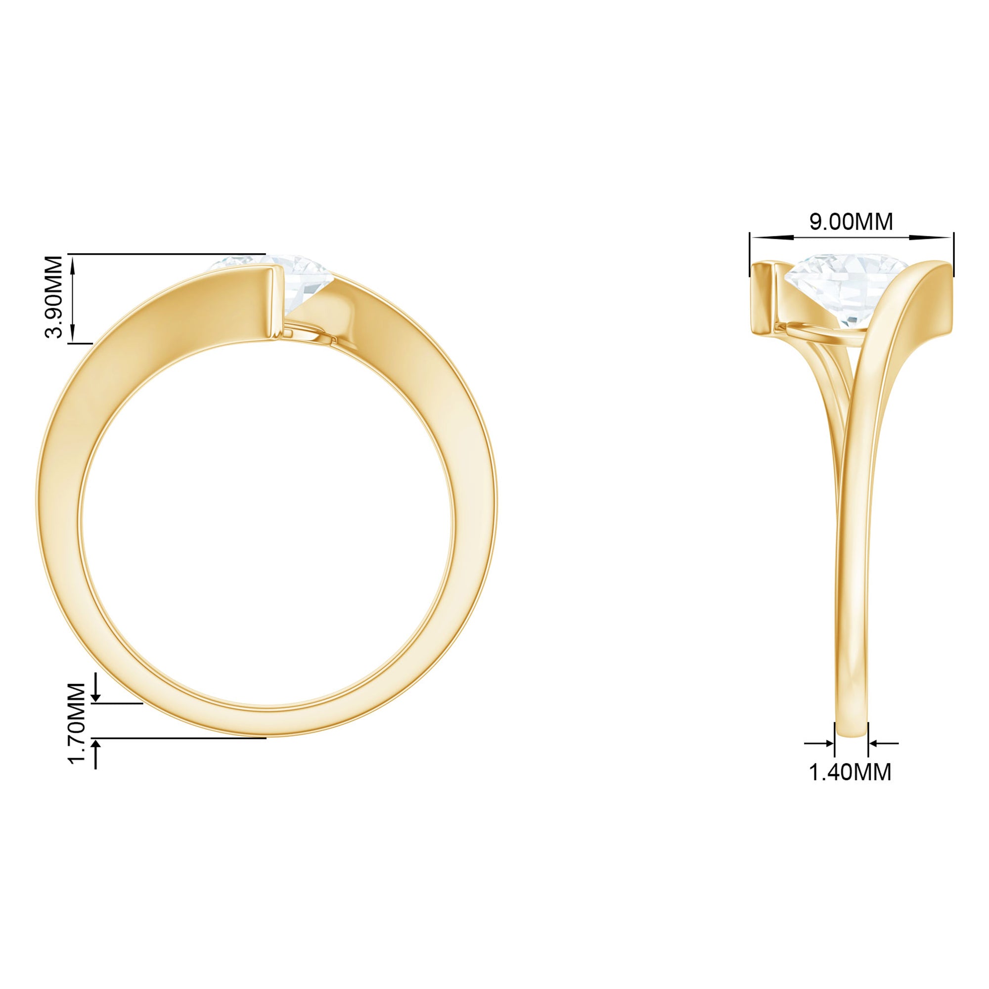 Simple Cushion Cut Moissanite Solitaire Bypass Gold Ring Moissanite - ( D-VS1 ) - Color and Clarity - Rosec Jewels