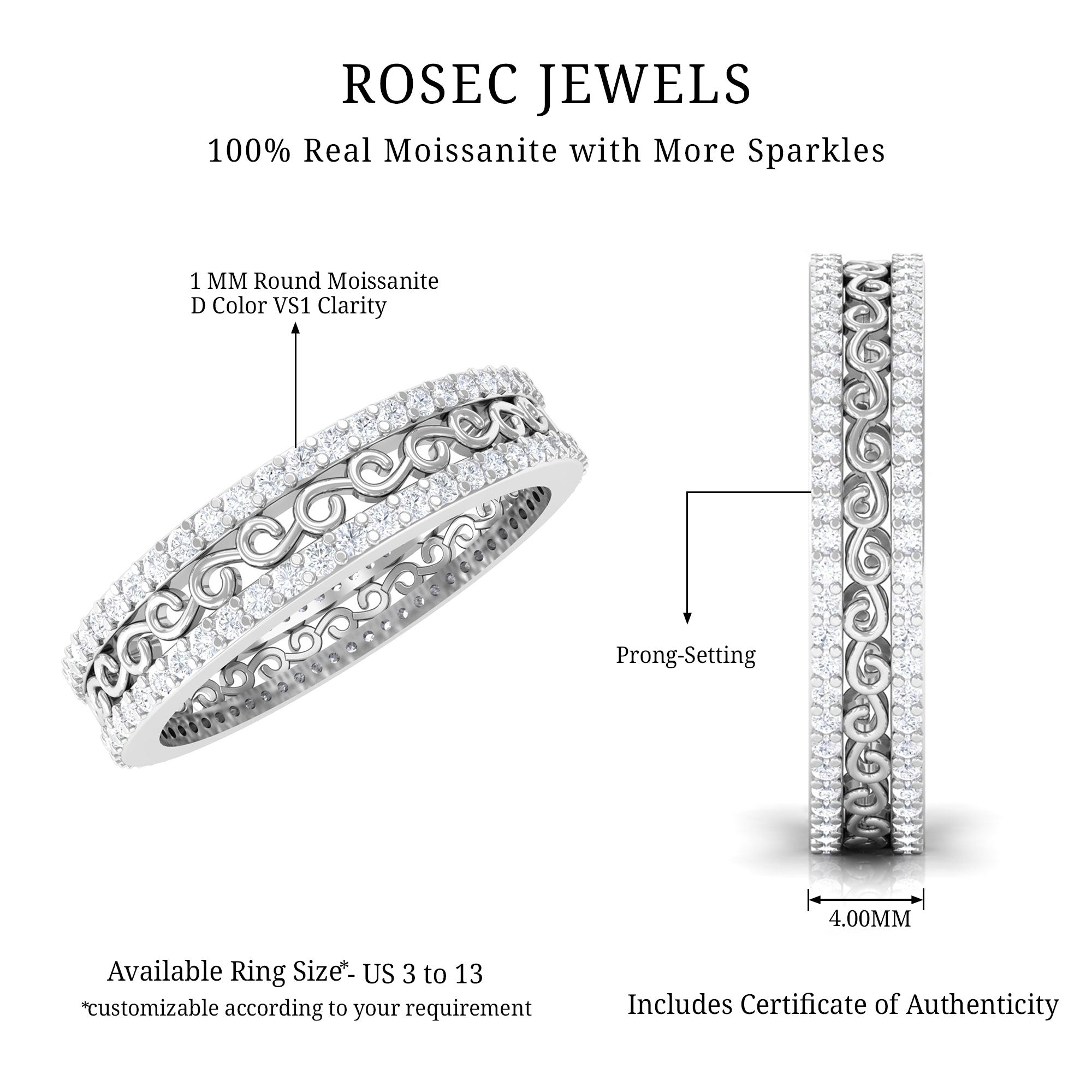 Rosec Jewels-Moissanite Filigree Wedding Band Ring