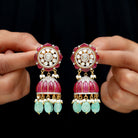 Antique Style Created Ruby Polki Diamond Traditional Indian Jhumka Earrings - Rosec Jewels