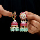 Antique Style Created Ruby Polki Diamond Traditional Indian Jhumka Earrings - Rosec Jewels