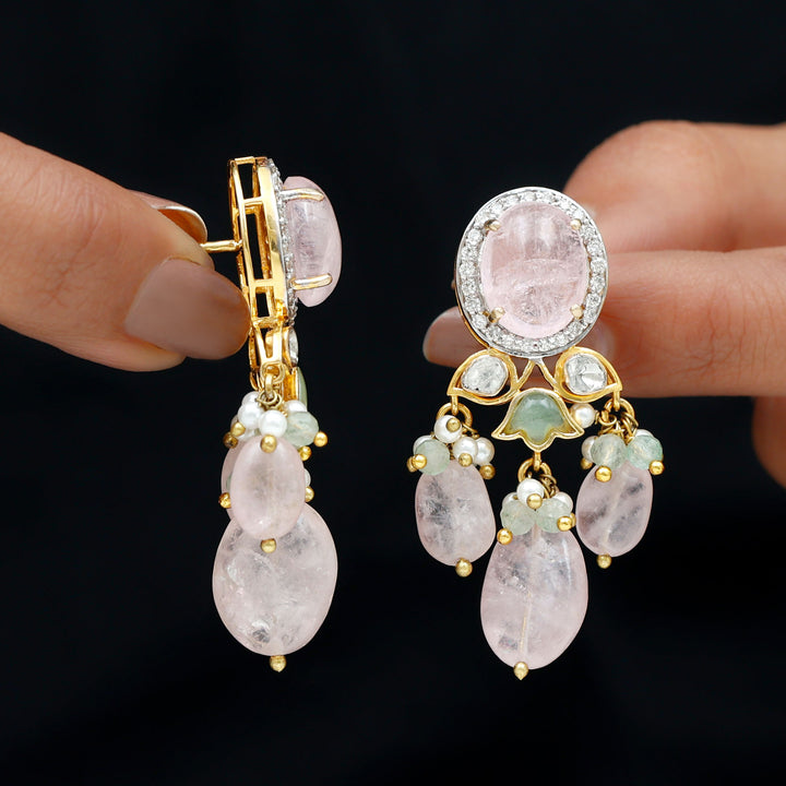 Morganite Diamond Polki Halo Dangler Earrings with Created Emerald and Pearl - Rosec Jewels