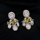 Morganite Diamond Polki Halo Dangler Earrings with Created Emerald and Pearl - Rosec Jewels