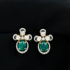 Oval Emerald and Uncut Diamond Flower Stud Earrings - Rosec Jewels