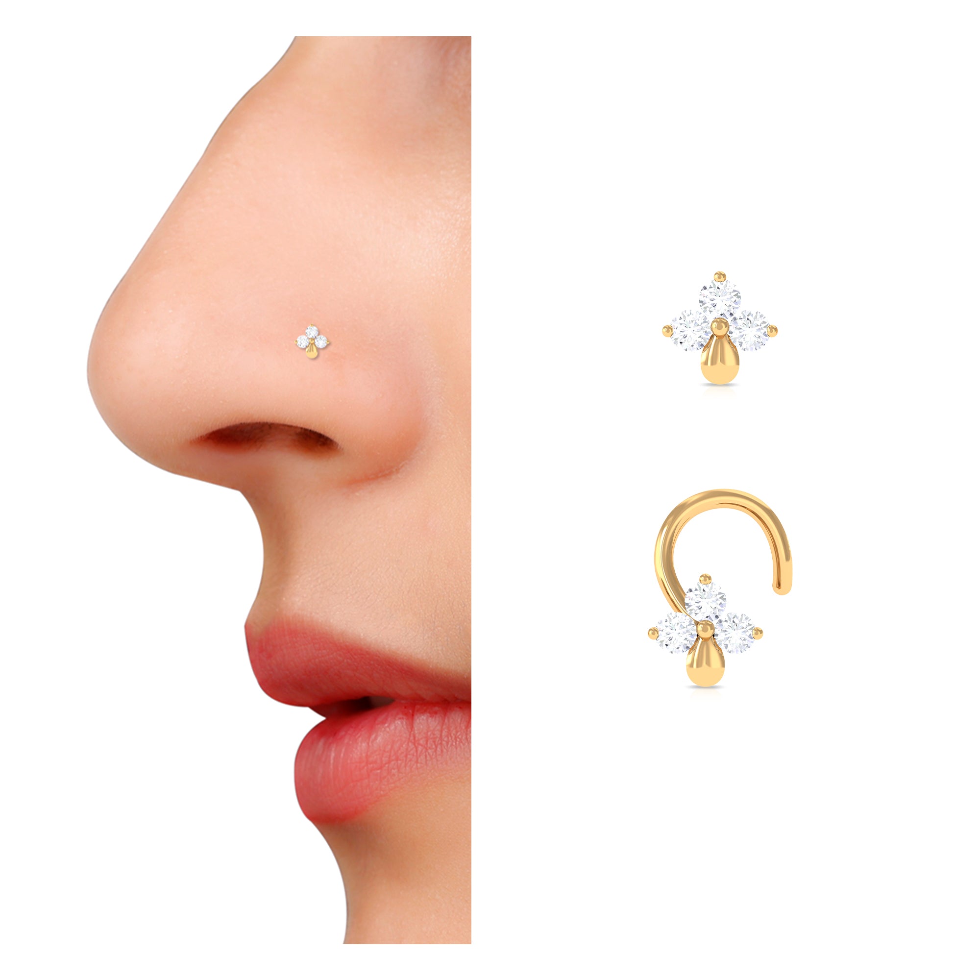 Natural Diamond 3 Stone Flower Nose Pin in Gold Diamond - ( HI-SI ) - Color and Clarity - Rosec Jewels