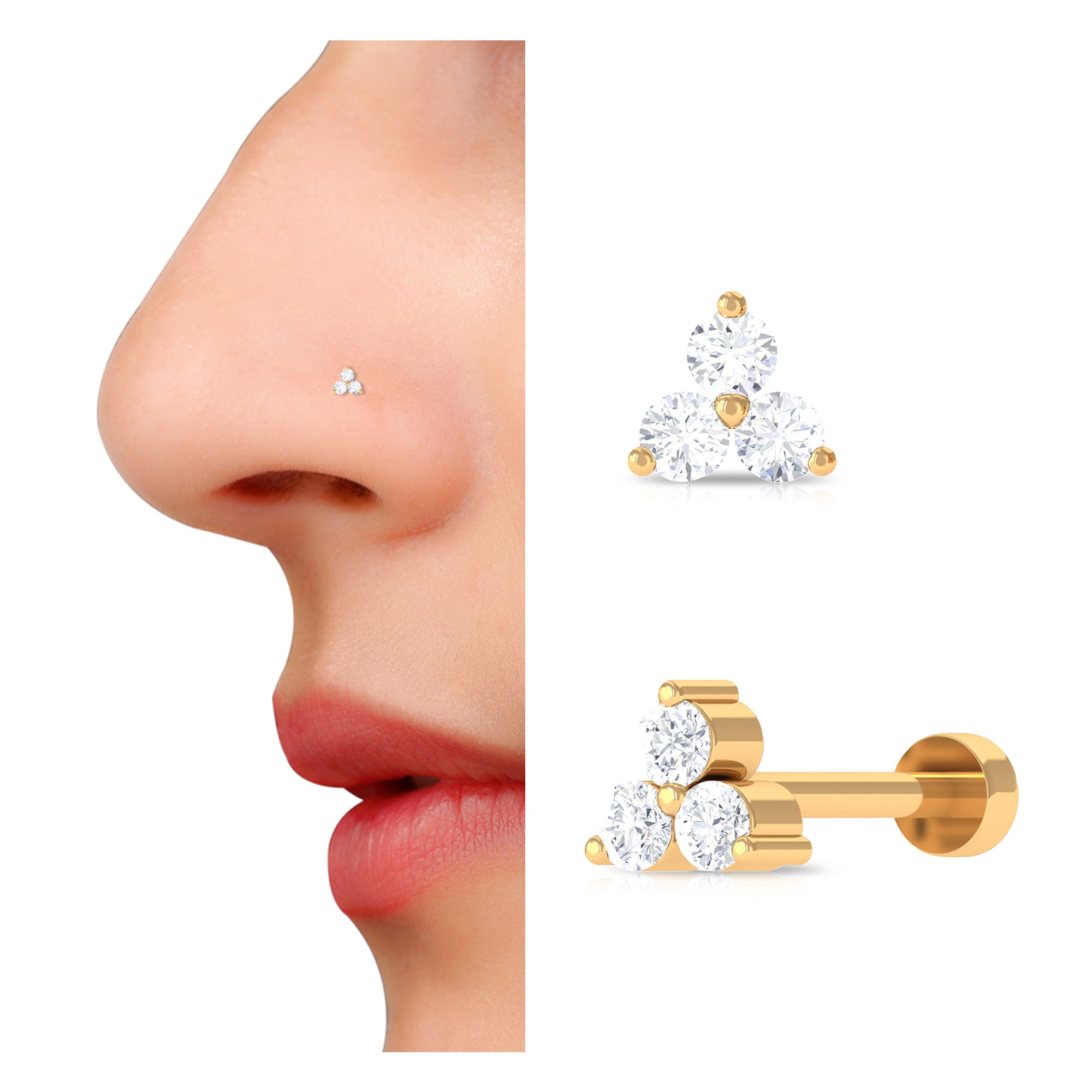 Round Diamond Three Stone Nose Pin in Gold Diamond - ( HI-SI ) - Color and Clarity - Rosec Jewels