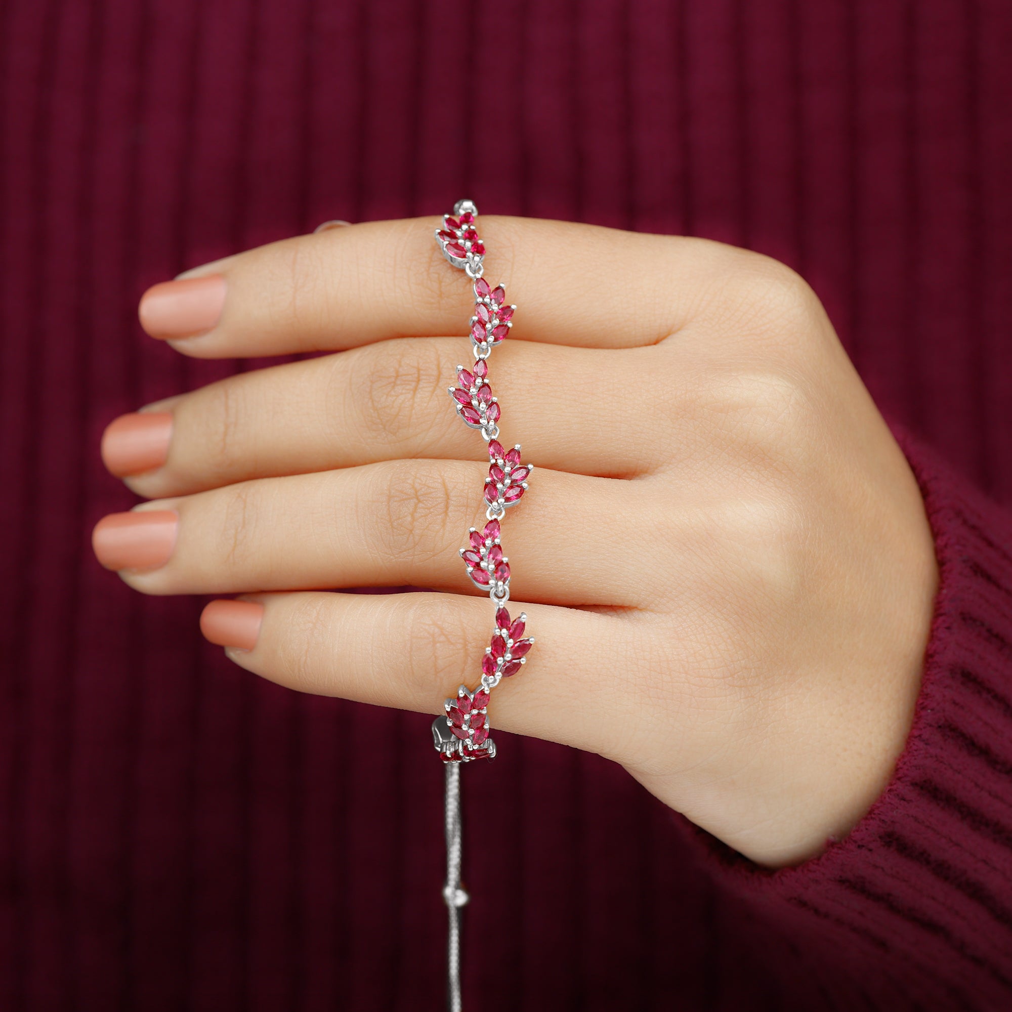 Marquise Lab Grown Ruby Leaf Bolo Bracelet Lab Created Ruby - ( AAAA ) - Quality - Rosec Jewels