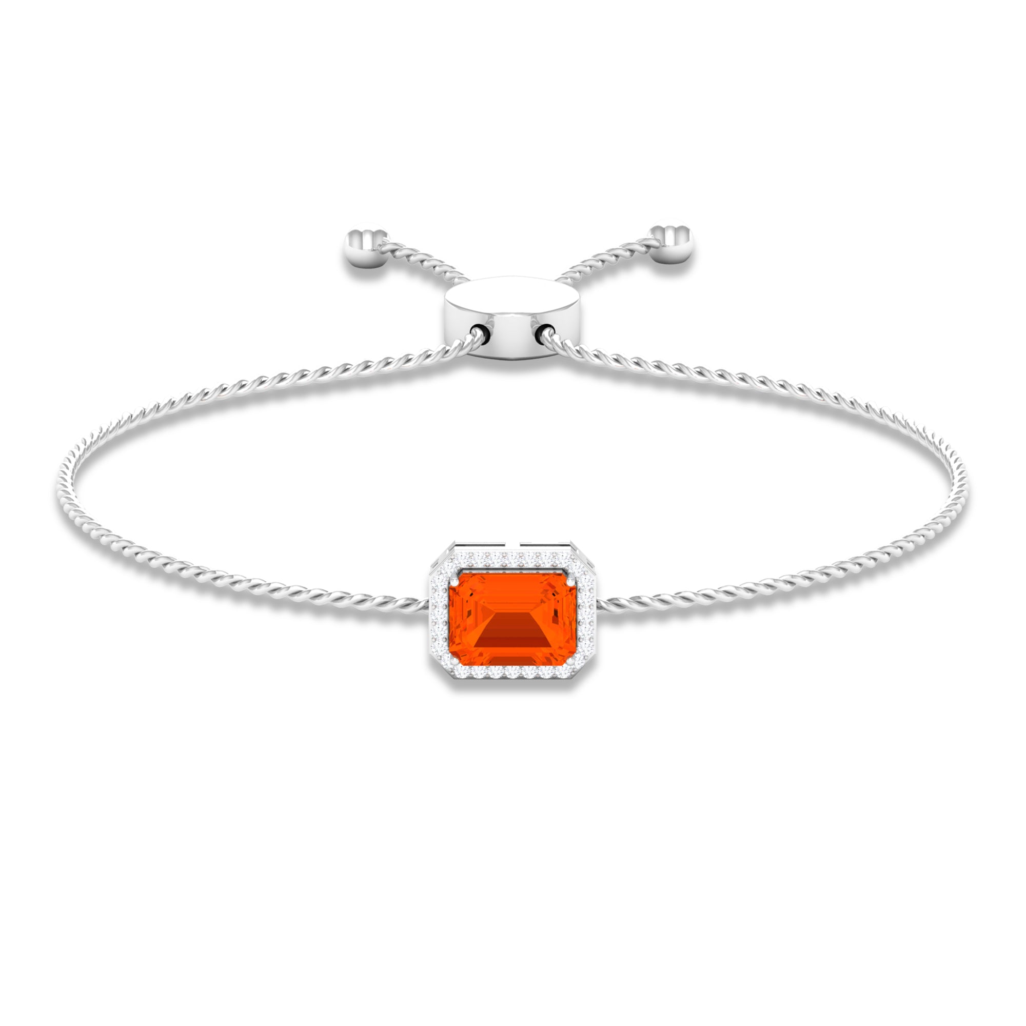 2 CT Emerald Cut Fire Opal and Diamond Bolo Chain Bracelet Fire Opal - ( AAA ) - Quality - Rosec Jewels