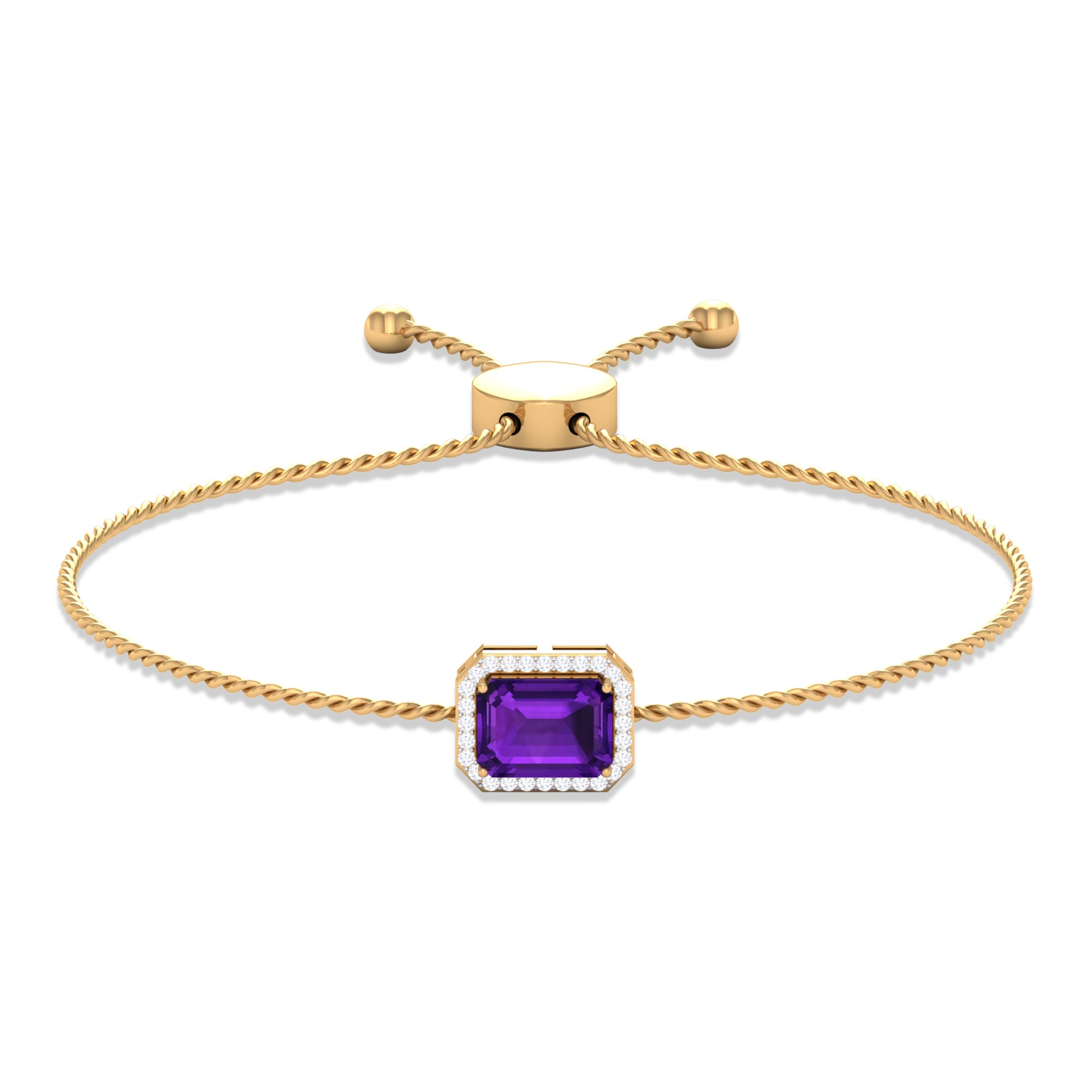 6X8 MM Octagon Cut Amethyst Bolo Chain Bracelet with Diamond Accent Amethyst - ( AAA ) - Quality - Rosec Jewels