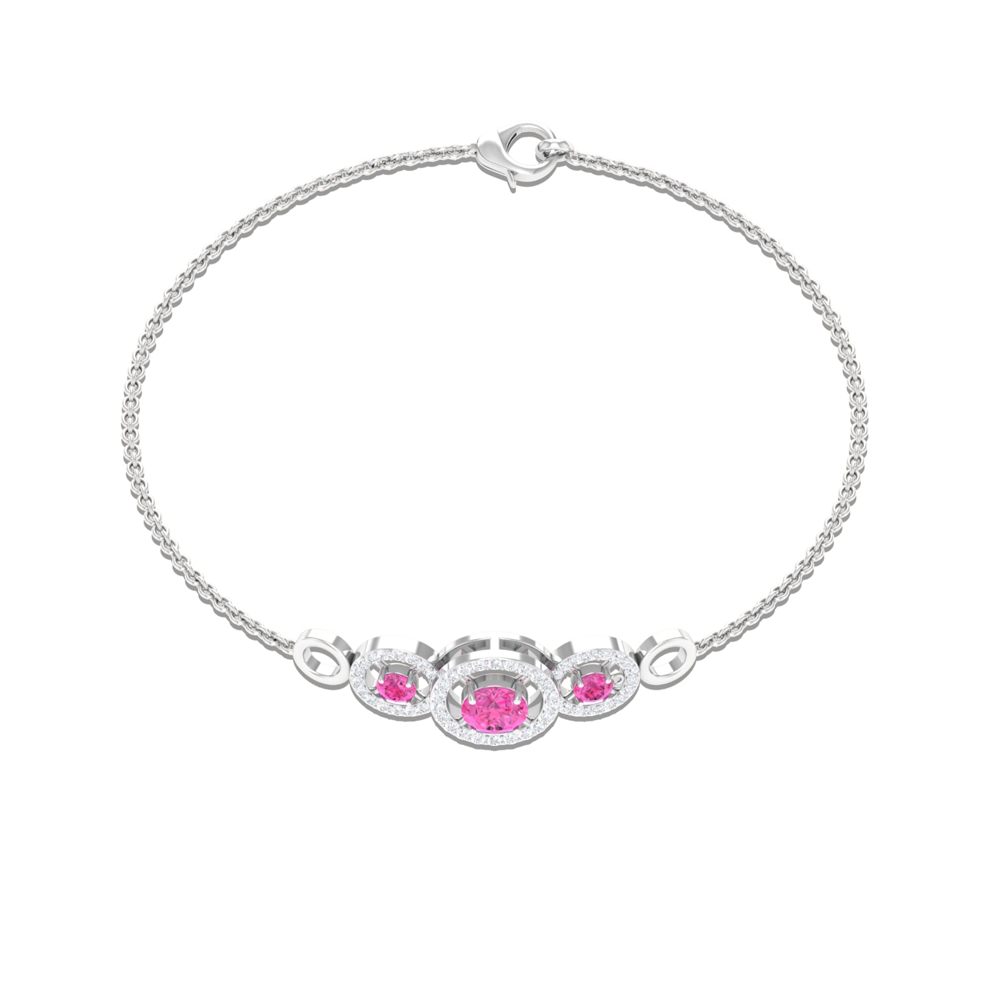 Designer Pink Sapphire and Diamond Three Stone Bracelet Pink Sapphire - ( AAA ) - Quality - Rosec Jewels