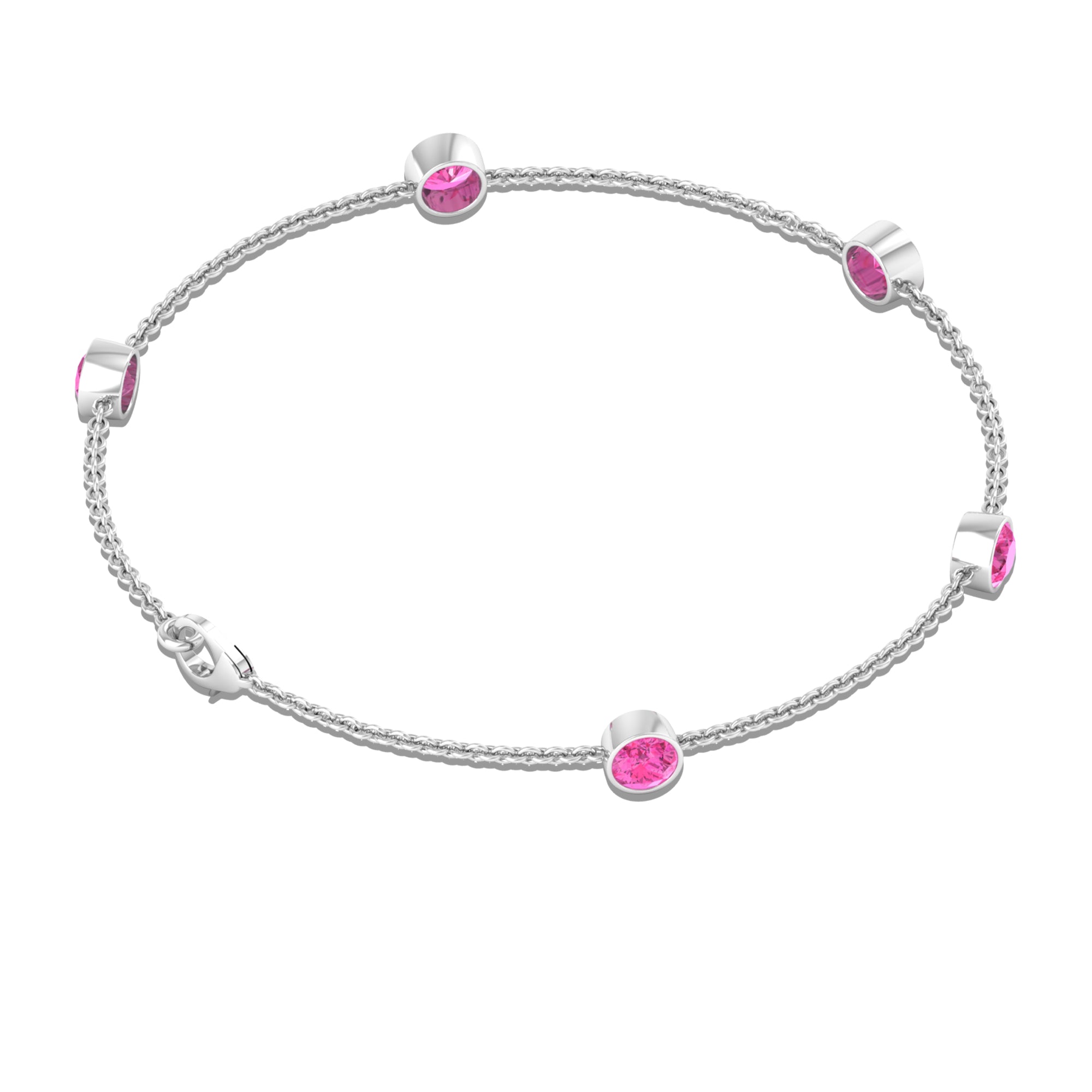 Bezel Set Pink Sapphire Five Stone Station Chain Bracelet Pink Sapphire - ( AAA ) - Quality - Rosec Jewels