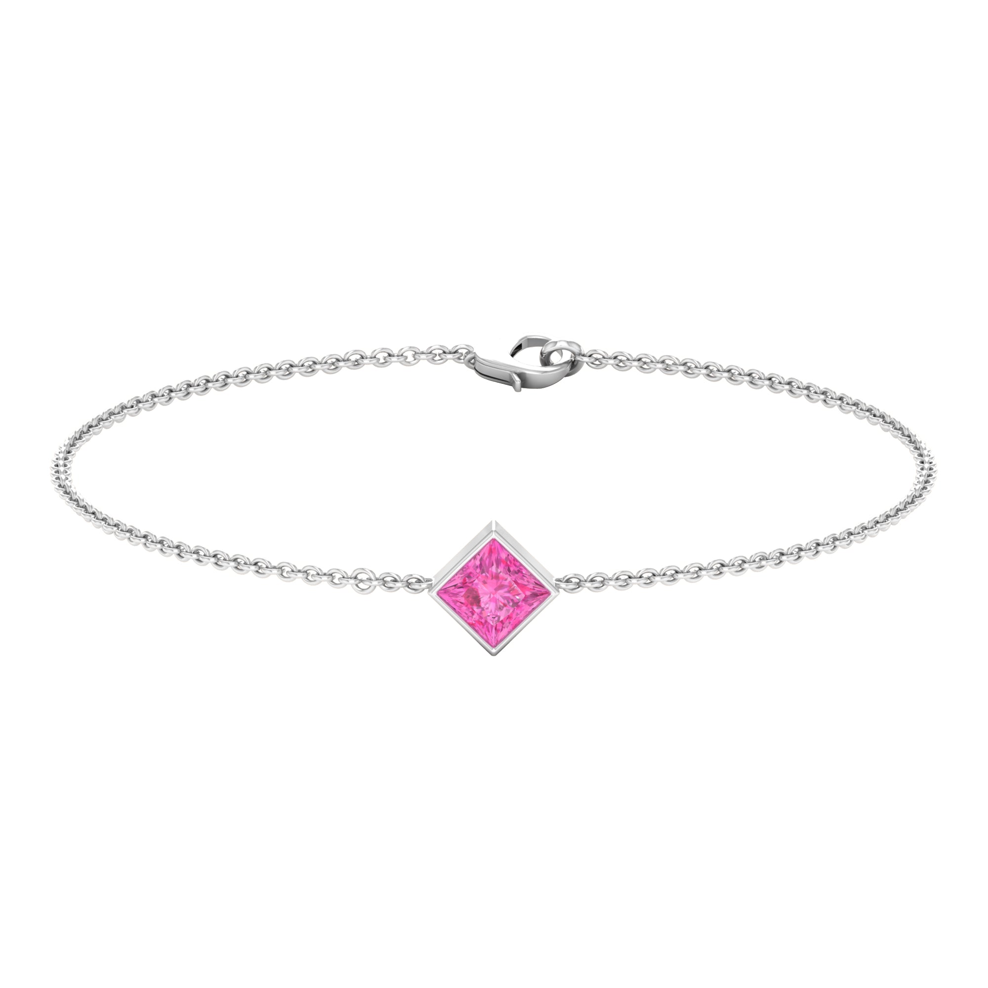 Princess Cut Pink Sapphire Solitaire Chain Bracelet Pink Sapphire - ( AAA ) - Quality - Rosec Jewels