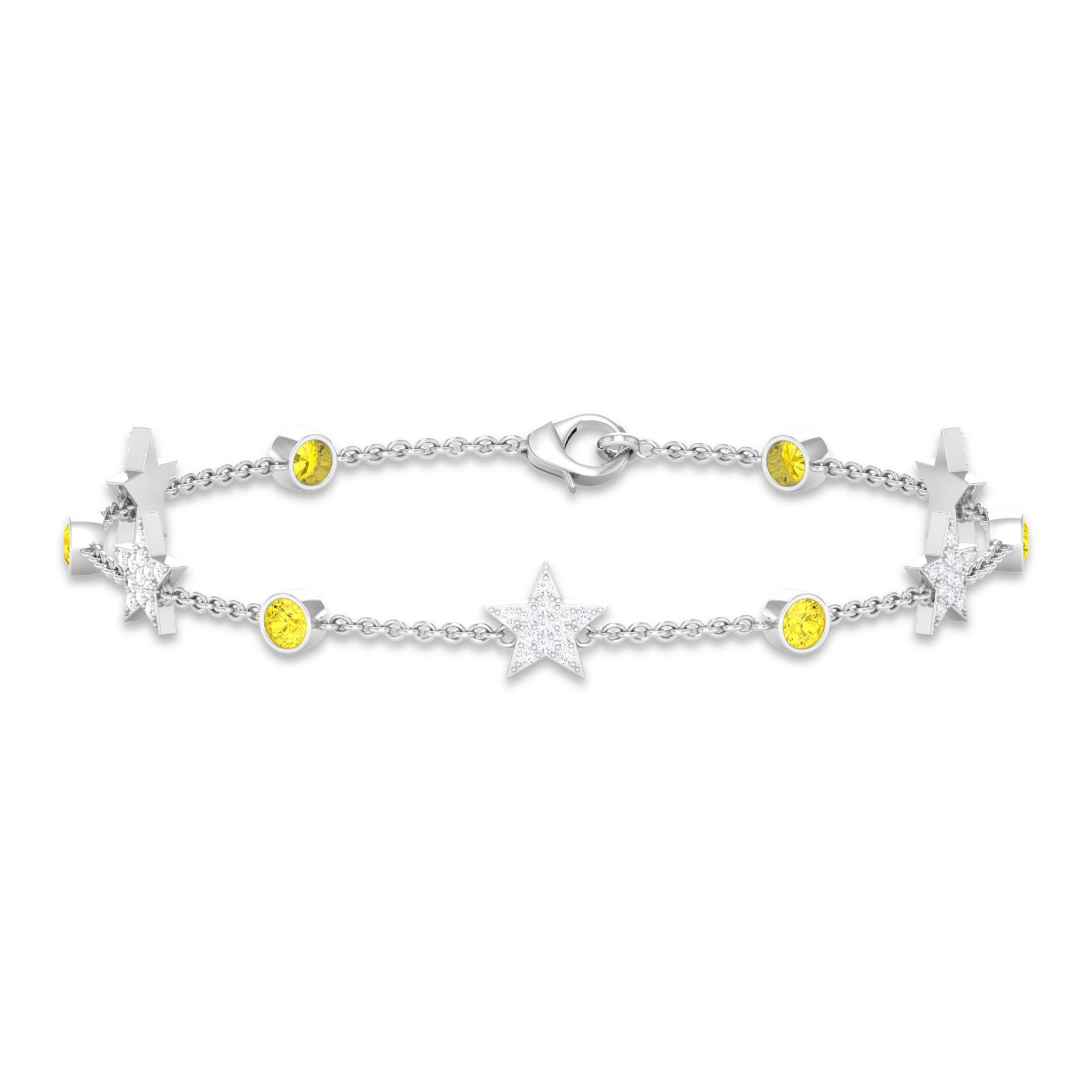 Round Yellow Sapphire and Diamond Star Station Chain Bracelet Yellow Sapphire - ( AAA ) - Quality - Rosec Jewels