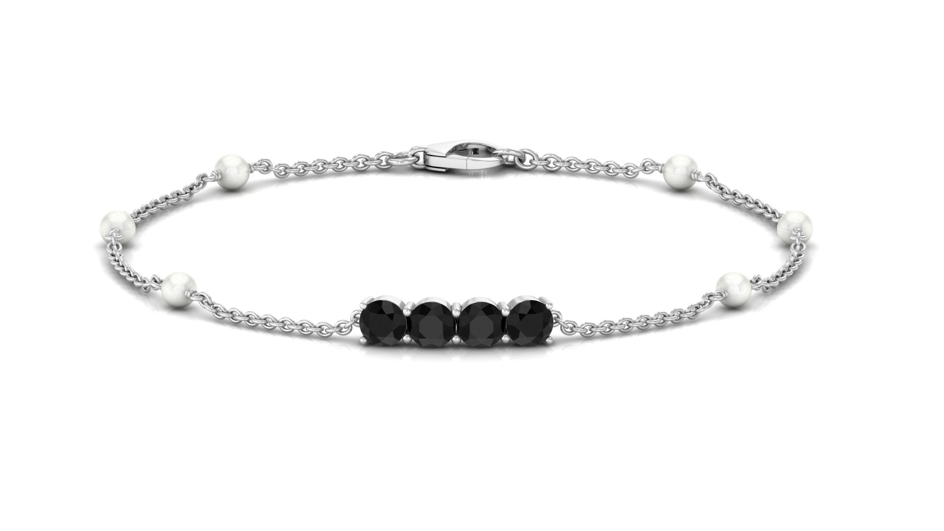 1.75 CT Black Onyx Minimal Station Chain Bracelet with Freshwater Pearl Black Onyx - ( AAA ) - Quality - Rosec Jewels